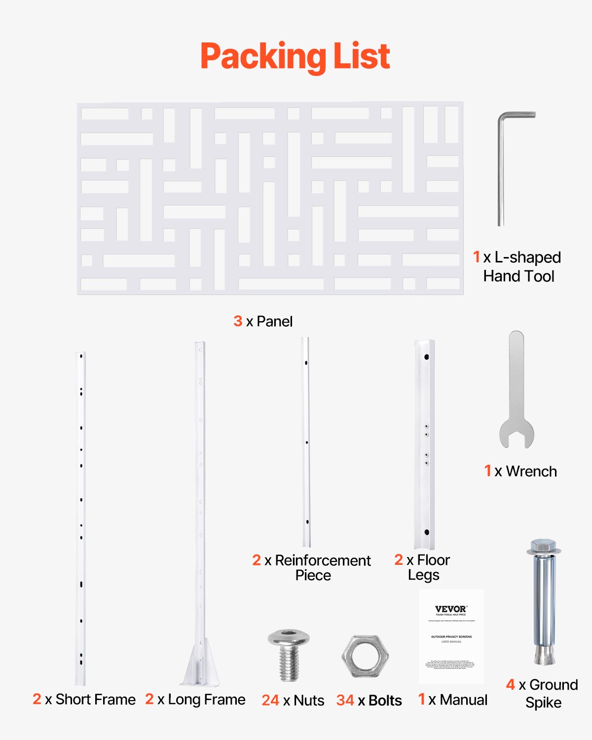 VEVOR Mampara de Privacidad de Metal de 120 x 50,8 x 193 cm con Soporte, Mamparas y Paneles de Privacidad Independiente para Exteriores de 3 Paneles para Jardín, Balcón, Patio, Habitación, Blanco