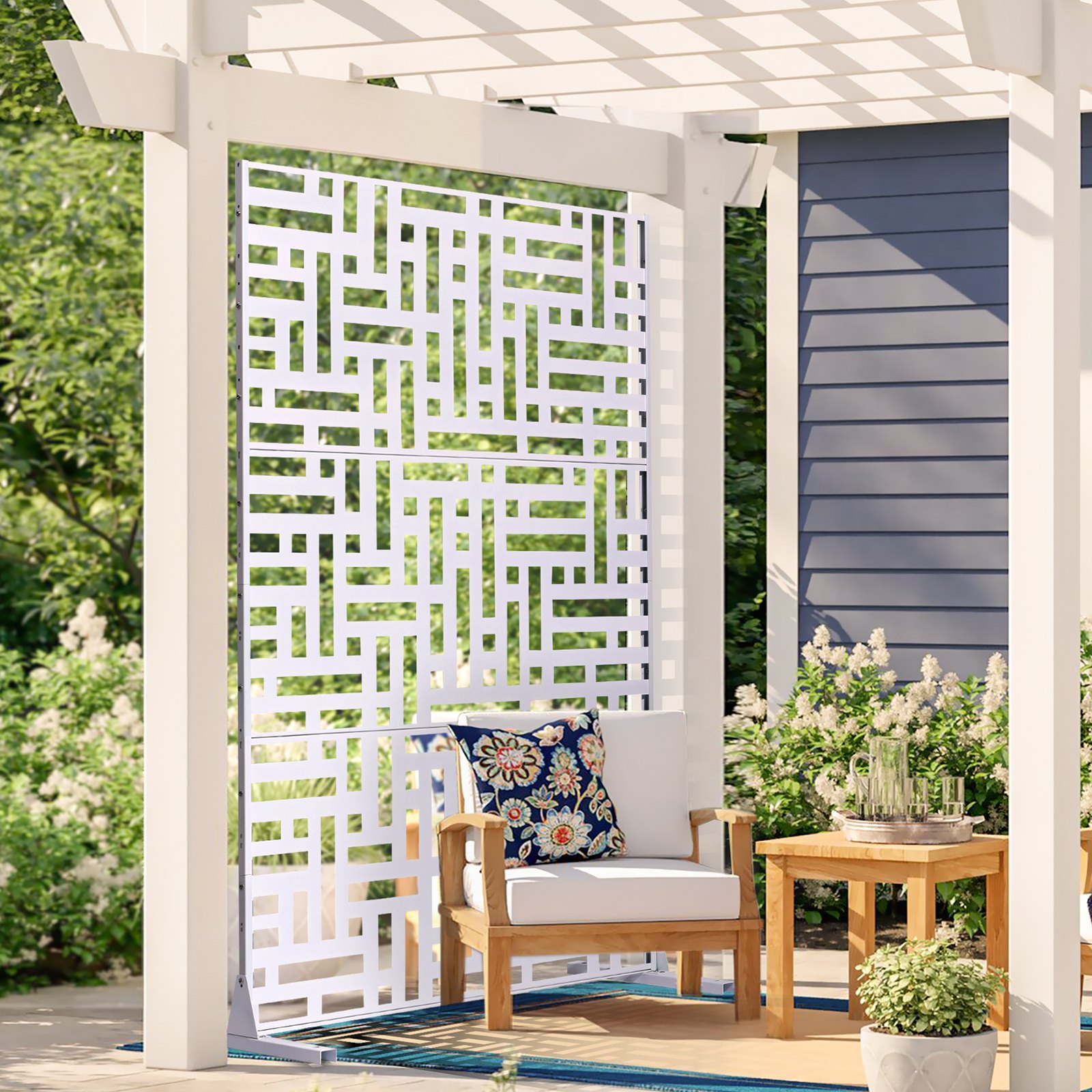 VEVOR Mampara de Privacidad de Metal de 120 x 50,8 x 193 cm con Soporte, Mamparas y Paneles de Privacidad Independiente para Exteriores de 3 Paneles para Jardín, Balcón, Patio, Habitación, Blanco