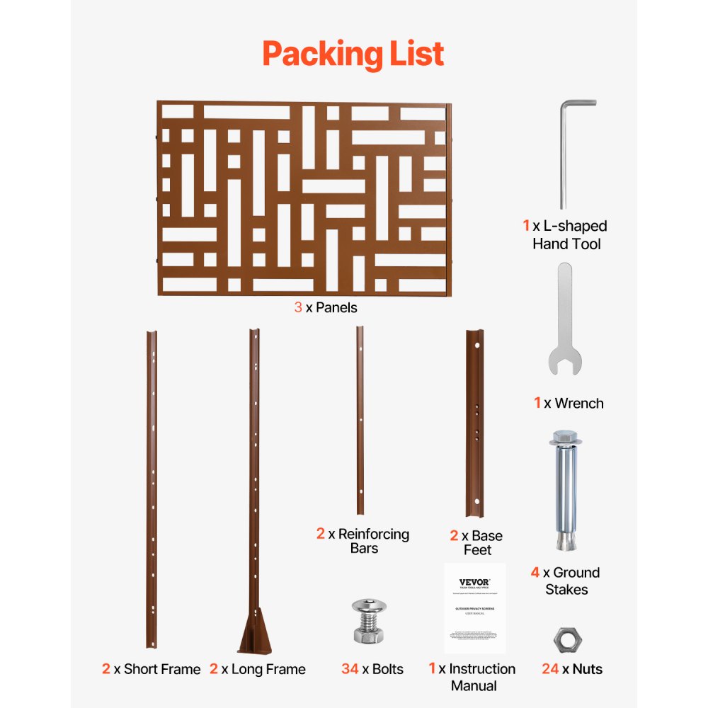 VEVOR Mampara de Privacidad de Metal de 120 x 50,8 x 193 cm con Soporte, Mamparas y Paneles de Privacidad Independiente para Exteriores de 3 Paneles para Jardín, Balcón, Patio, Habitación, Marrón