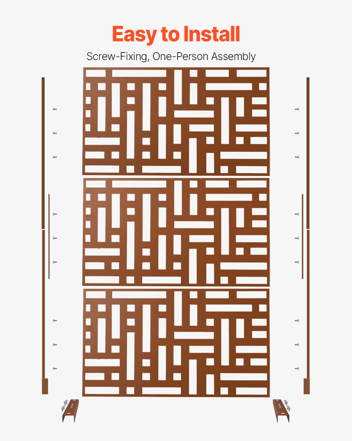 VEVOR Mampara de Privacidad de Metal de 120 x 50,8 x 193 cm con Soporte, Mamparas y Paneles de Privacidad Independiente para Exteriores de 3 Paneles para Jardín, Balcón, Patio, Habitación, Marrón