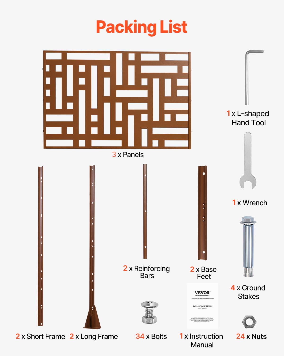VEVOR Mampara de Privacidad de Metal de 120 x 50,8 x 193 cm con Soporte, Mamparas y Paneles de Privacidad Independiente para Exteriores de 3 Paneles para Jardín, Balcón, Patio, Habitación, Marrón
