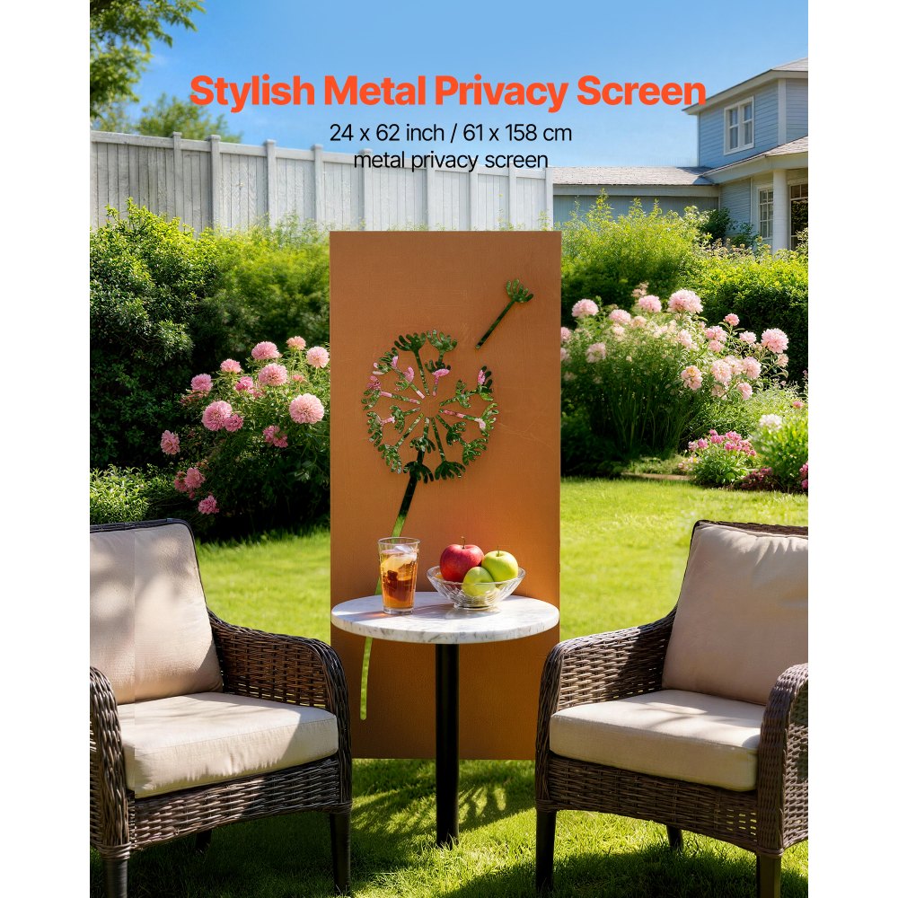 VEVOR Separador de Ambientes Metal, 61 x 160 cm, Biombo de Exterior, Patrón de Diente de León, Marco de Acero, Estacas de Tierra, Pantalla de Privacidad para Jardín Patio Terraza Pared, Marrón Óxido