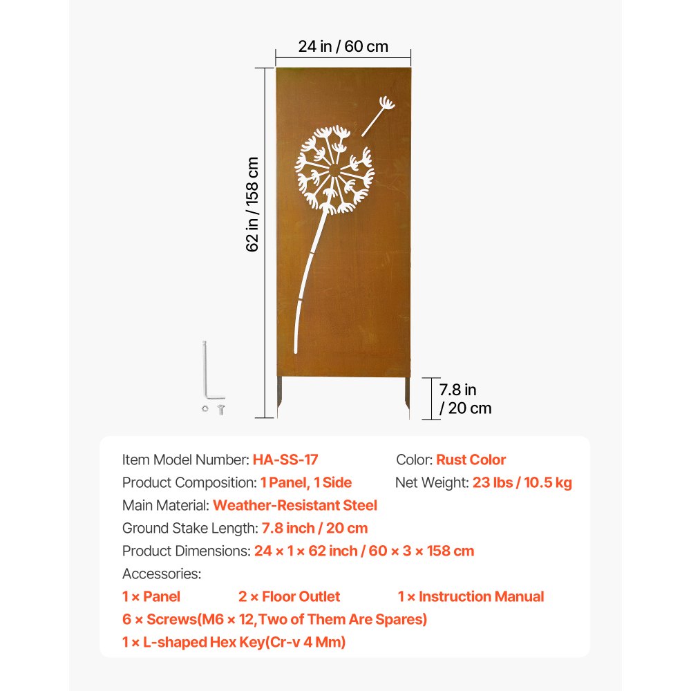 VEVOR Separador de Ambientes Metal, 61 x 160 cm, Biombo de Exterior, Patrón de Diente de León, Marco de Acero, Estacas de Tierra, Pantalla de Privacidad para Jardín Patio Terraza Pared, Marrón Óxido