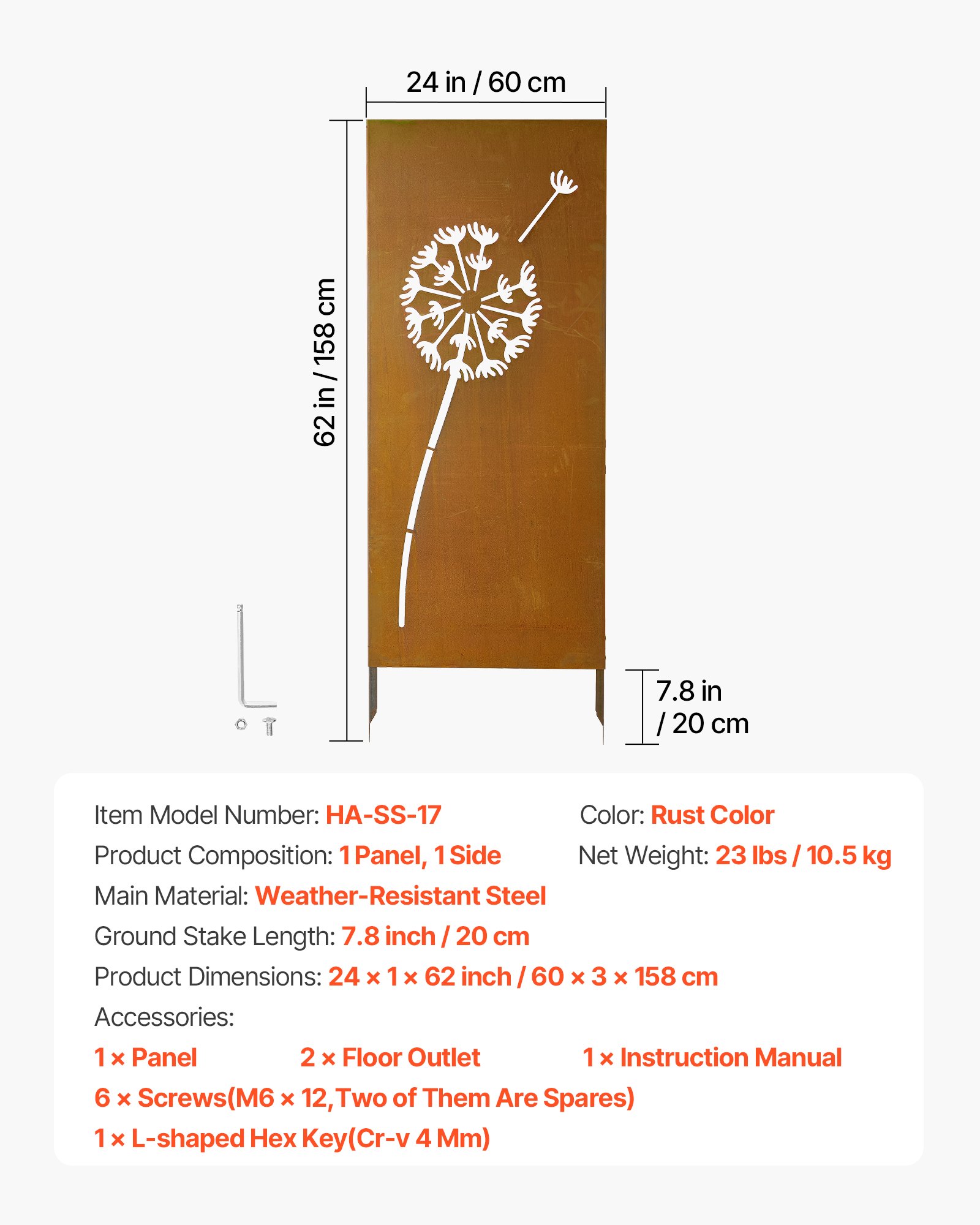 VEVOR Separador de Ambientes Metal, 61 x 160 cm, Biombo de Exterior, Patrón de Diente de León, Marco de Acero, Estacas de Tierra, Pantalla de Privacidad para Jardín Patio Terraza Pared, Marrón Óxido