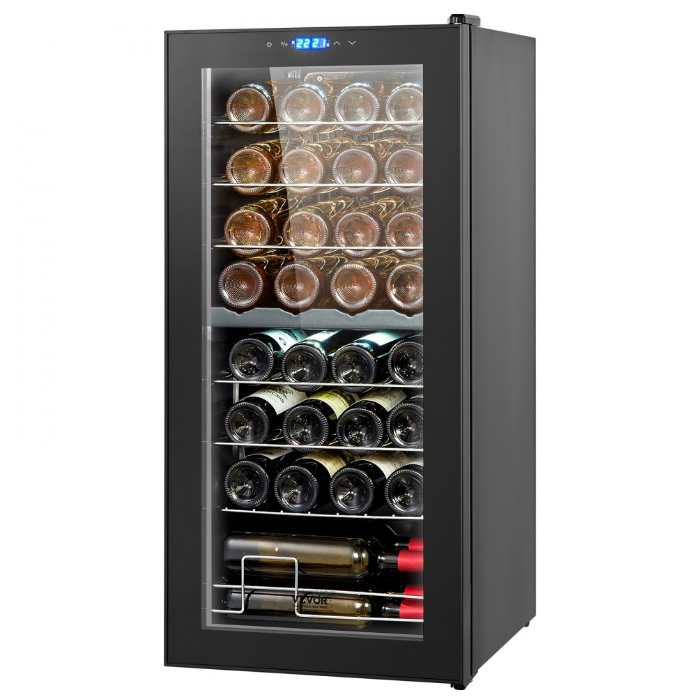 Enfriador de vino VEVOR para 32 botellas, refrigerador para vinos de doble zona y doble temperatura, refrigerador independiente con control digital, puerta de vidrio templado con protección UV, almacenamiento de vino tinto y blanco para bar en casa