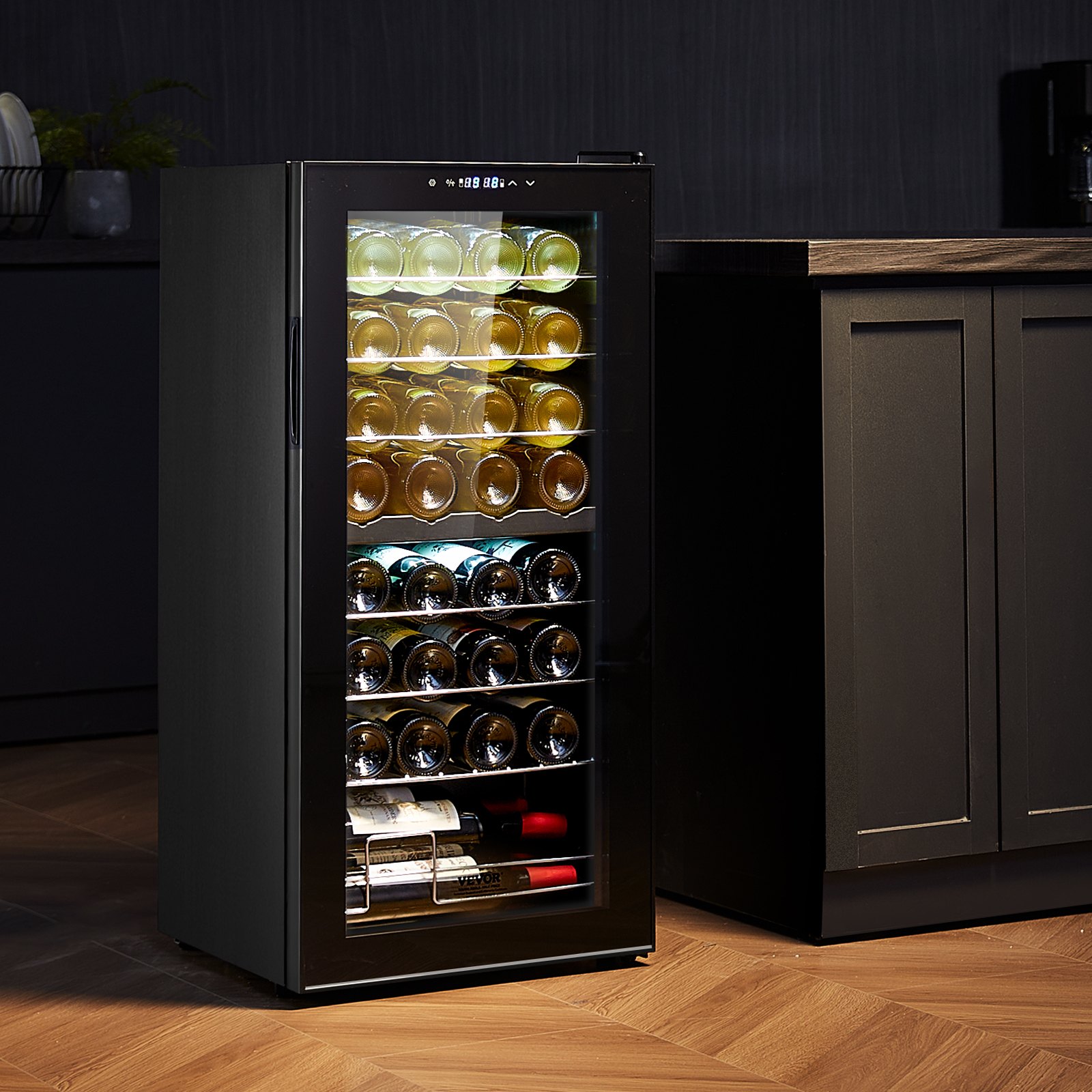 Enfriador de vino VEVOR para 32 botellas, refrigerador para vinos de doble zona y doble temperatura, refrigerador independiente con control digital, puerta de vidrio templado con protección UV, almacenamiento de vino tinto y blanco para bar en casa