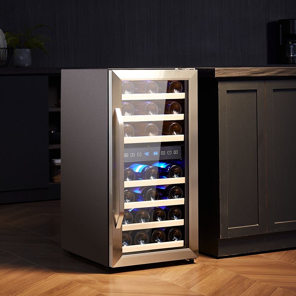 Enfriador de vino VEVOR para 33 botellas, refrigerador para vinos de doble zona y doble temperatura, refrigerador independiente con refrigeración por aire circulante y control digital, puerta de vidrio templado con protección UV, para bar en casa