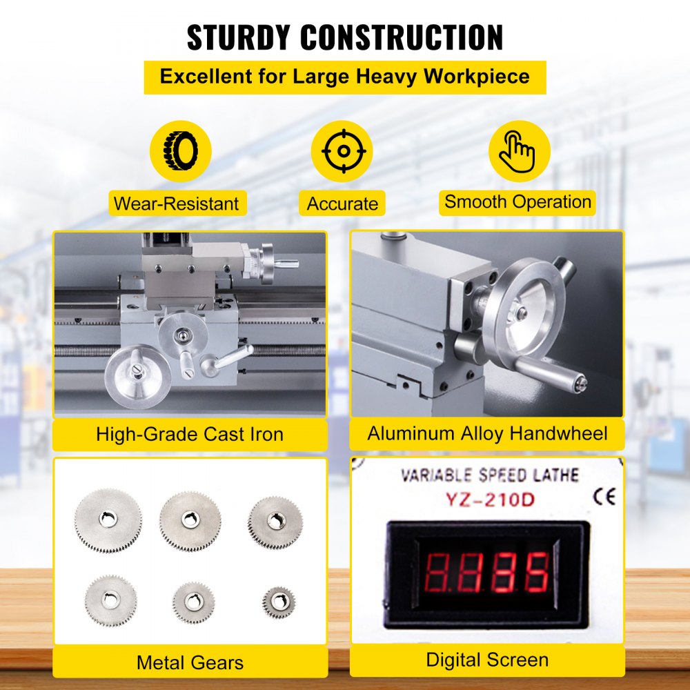 Vevor Mini Torno De Metal 850w 210x800 Mm Torno De Trabajo Extendido 50-2500 Rpm