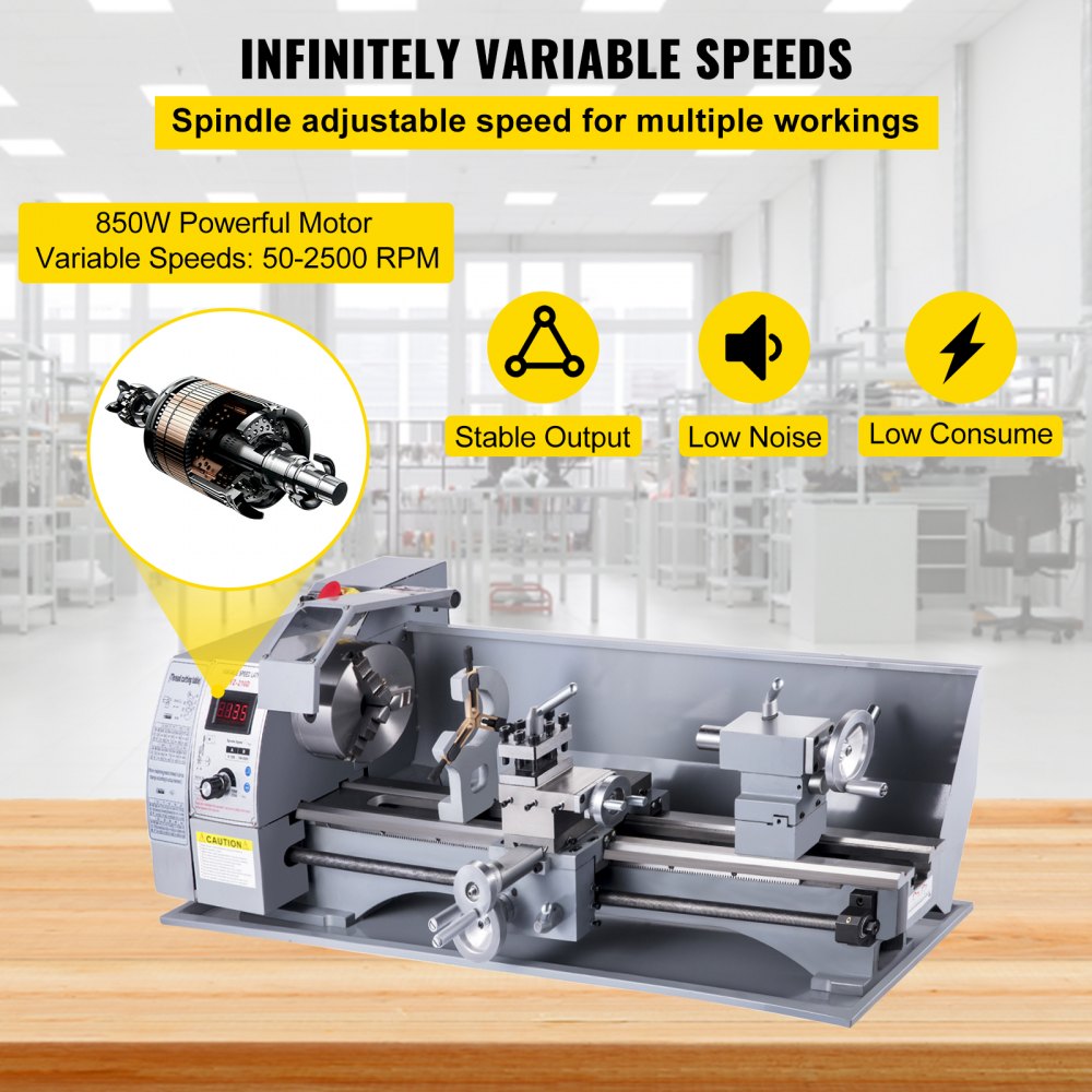 Vevor Mini Torno De Metal 850w 210x800 Mm Torno De Trabajo Extendido 50-2500 Rpm