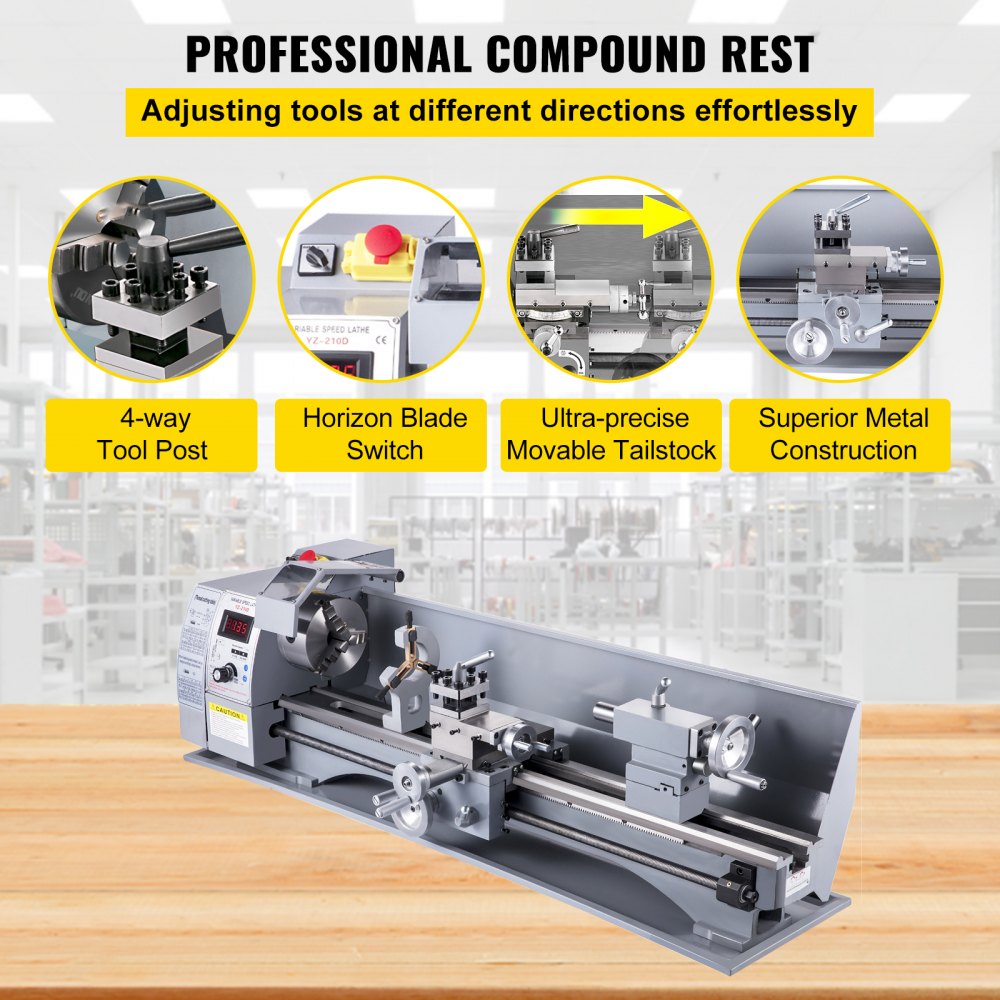 Vevor Mini Torno De Metal 850w 210x800 Mm Torno De Trabajo Extendido 50-2500 Rpm