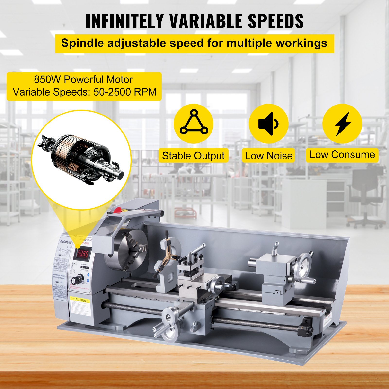 Vevor Mini Torno De Metal 850w 210x800 Mm Torno De Trabajo Extendido 50-2500 Rpm