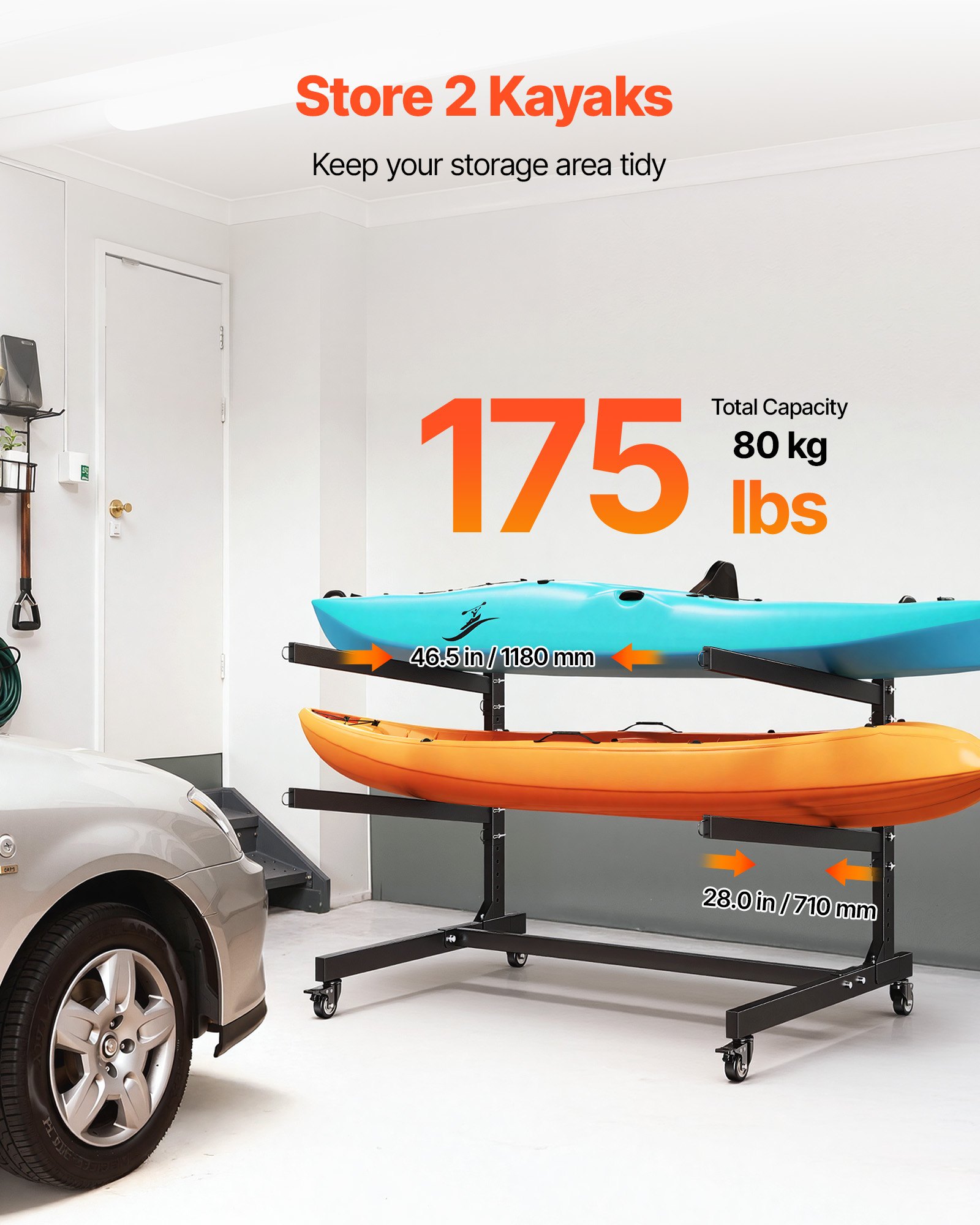 VEVOR Estante de Almacenamiento para 2 Kayaks, Capacidad de Carga hasta 80 kg, Estantería Independiente con Ruedas con Freno, Interior y Exterior, Ajustable para Tabla de Surf Canoa Remo Barco Pequeño