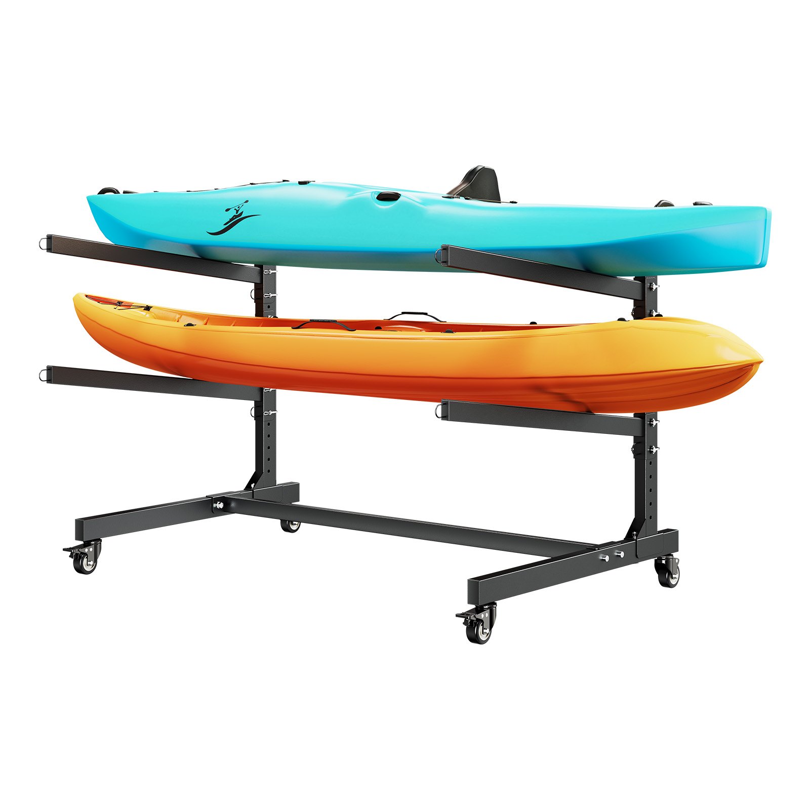 VEVOR Estante de Almacenamiento para 2 Kayaks, Capacidad de Carga hasta 80 kg, Estantería Independiente con Ruedas con Freno, Interior y Exterior, Ajustable para Tabla de Surf Canoa Remo Barco Pequeño