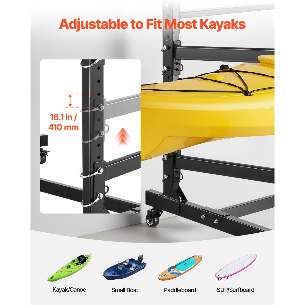 VEVOR Estante de Almacenamiento para 3 Kayaks, Capacidad de Carga hasta 90 kg, Estantería Independiente con Ruedas con Freno, Interior y Exterior, Ajustable para Canoa Tabla de Surf Remo Barco Pequeño