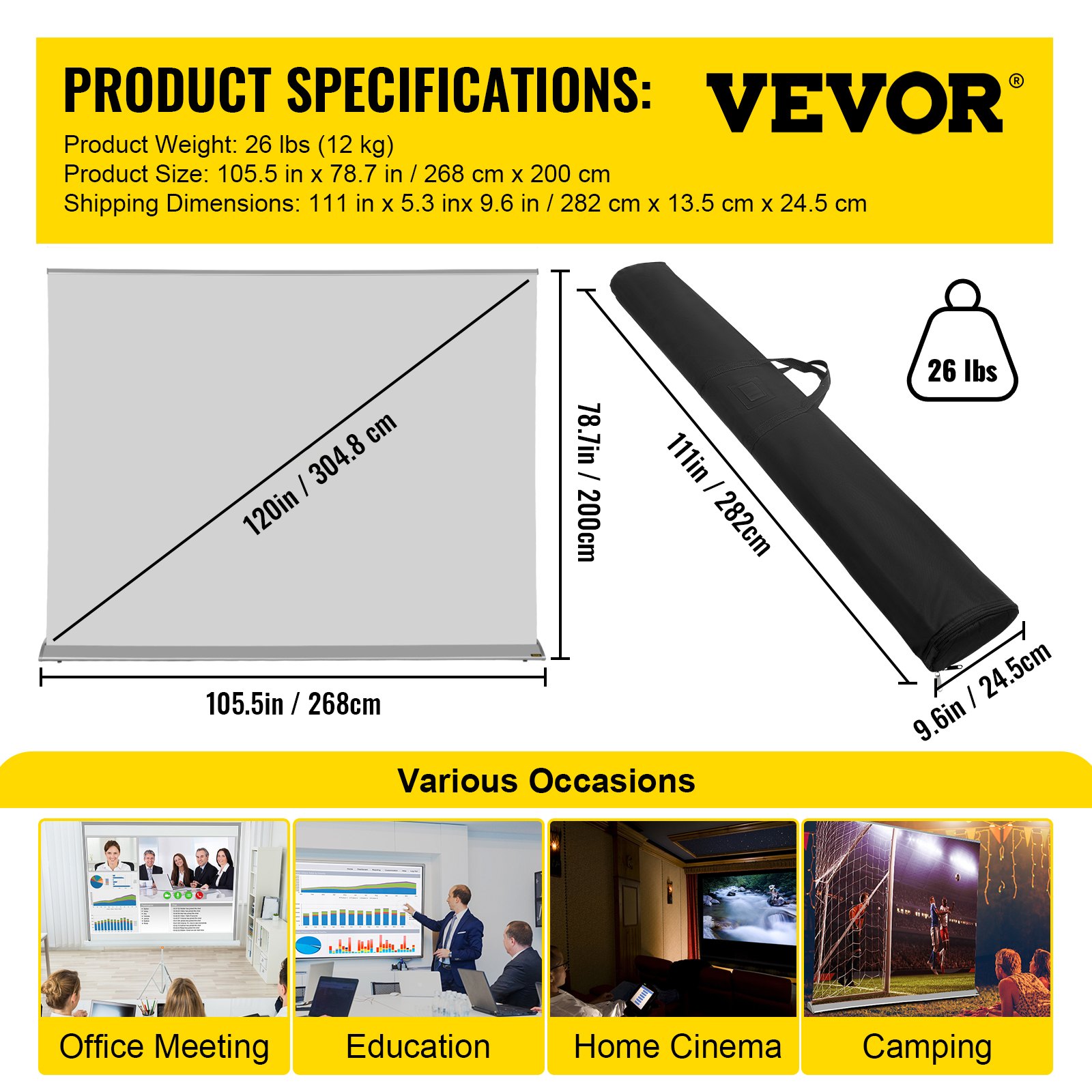 VEVOR Pantalla para Proyector 120 Pulgadas 268 x 200 cm Pantalla de Proyección Manual 16: 9 8K / 4K HD Tela Proyector Portátil Plegable con Soporte para Películas, Eventos Deportivos, Fotografías