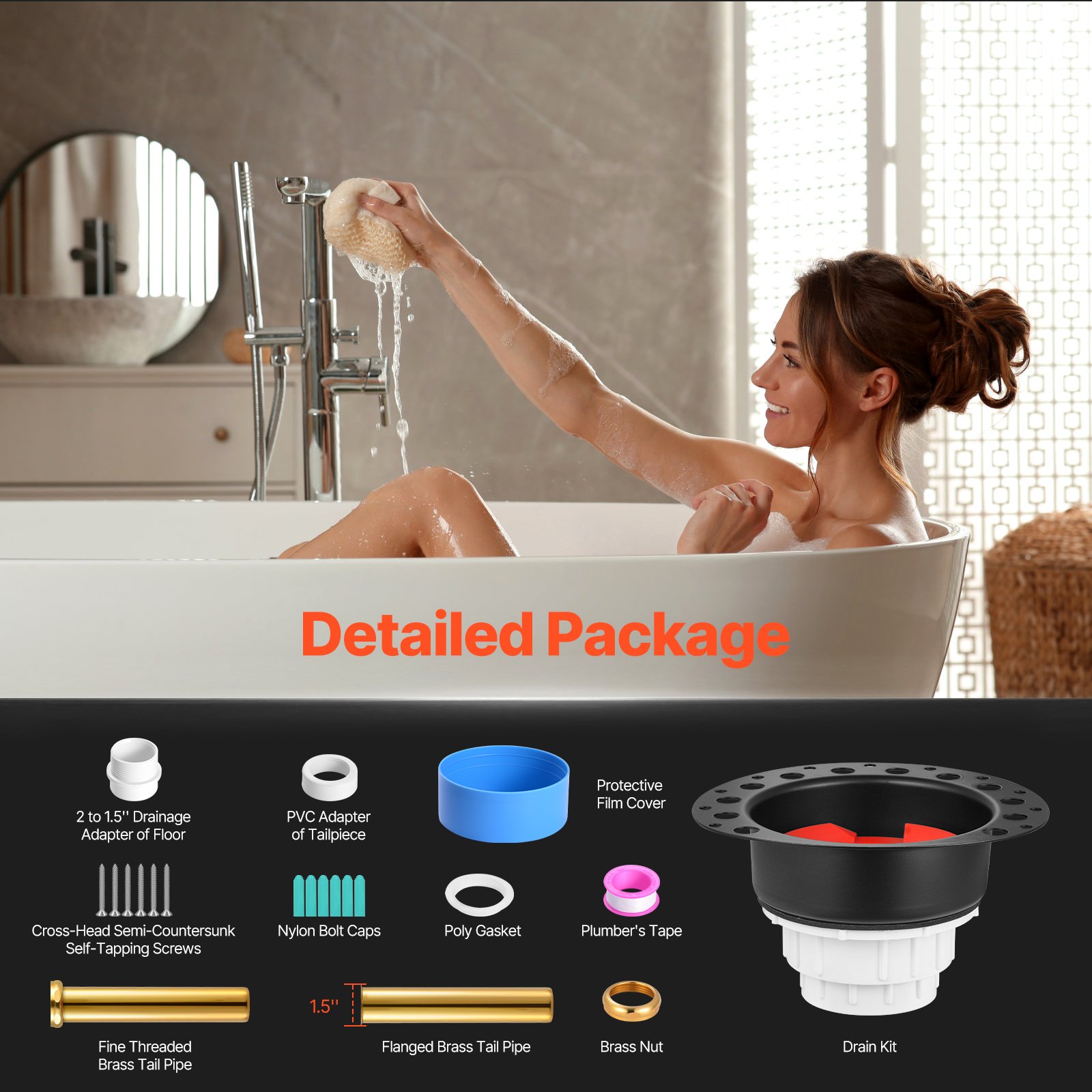 VEVOR PVC drain set for freestanding bathtubs, bathtub drain rough-in set, with PVC adapter for drain fitting, compatible with freestanding bathtubs, floor-mounted bathtubs & island bathtubs