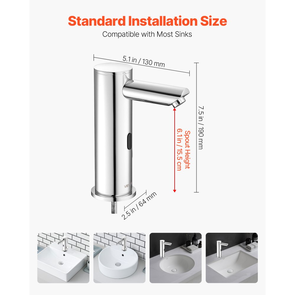 VEVOR Grifo de Lavabo sin Contacto con Sensor a Baño, Grifo Automático para Lavabo, en Forma T, Mezclador Monomando Manos Libres Ajustable, a Pilas, Níquel Cepillado Plateado, 130 x 64 x 190 mm