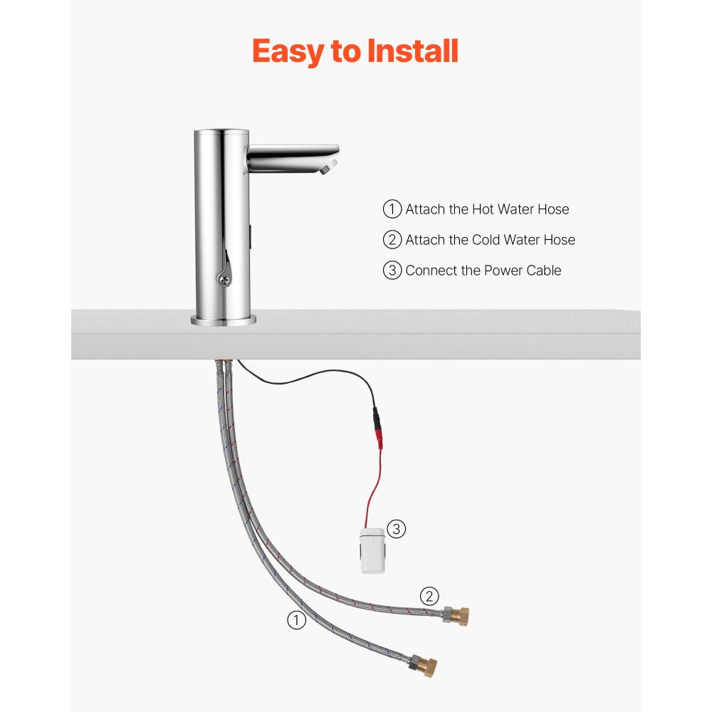 VEVOR Grifo de Lavabo sin Contacto con Sensor a Baño, Grifo Automático para Lavabo, en Forma T, Mezclador Monomando Manos Libres Ajustable, a Pilas, Níquel Cepillado Plateado, 130 x 64 x 190 mm