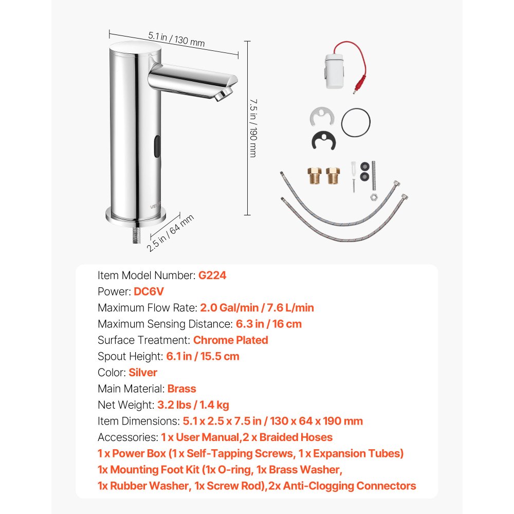 VEVOR Touchless Bathroom Sink Faucet, Automatic Motion Sensor Restroom Toilet Faucet, Hands Free Adjustable Cold Hot Single Handle Water Mixer Battery Operated for 9.5 mm Pipe,Brushed Nickel Silver