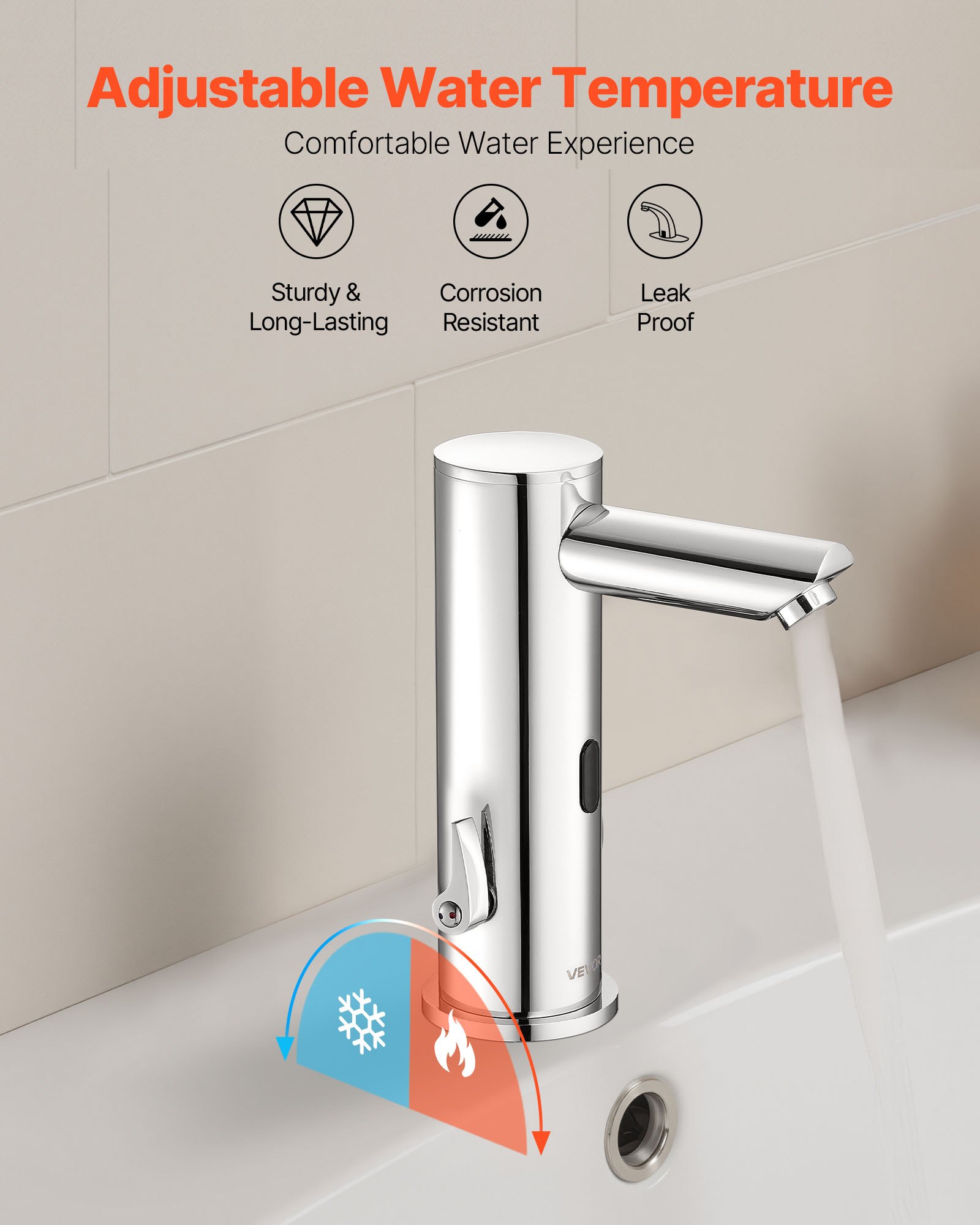 VEVOR Grifo de Lavabo sin Contacto con Sensor a Baño, Grifo Automático para Lavabo, en Forma T, Mezclador Monomando Manos Libres Ajustable, a Pilas, Níquel Cepillado Plateado, 130 x 64 x 190 mm