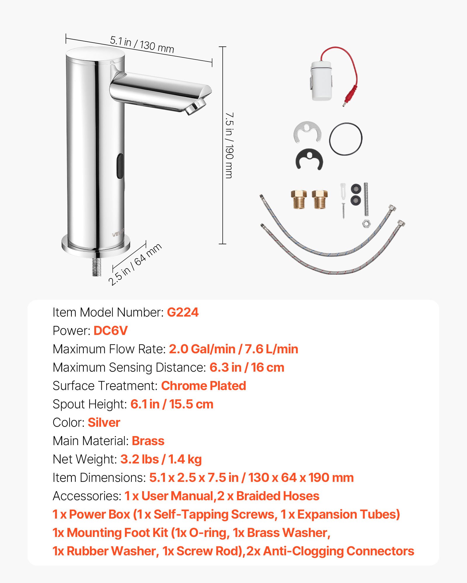 VEVOR Grifo de Lavabo sin Contacto con Sensor a Baño, Grifo Automático para Lavabo, en Forma T, Mezclador Monomando Manos Libres Ajustable, a Pilas, Níquel Cepillado Plateado, 130 x 64 x 190 mm