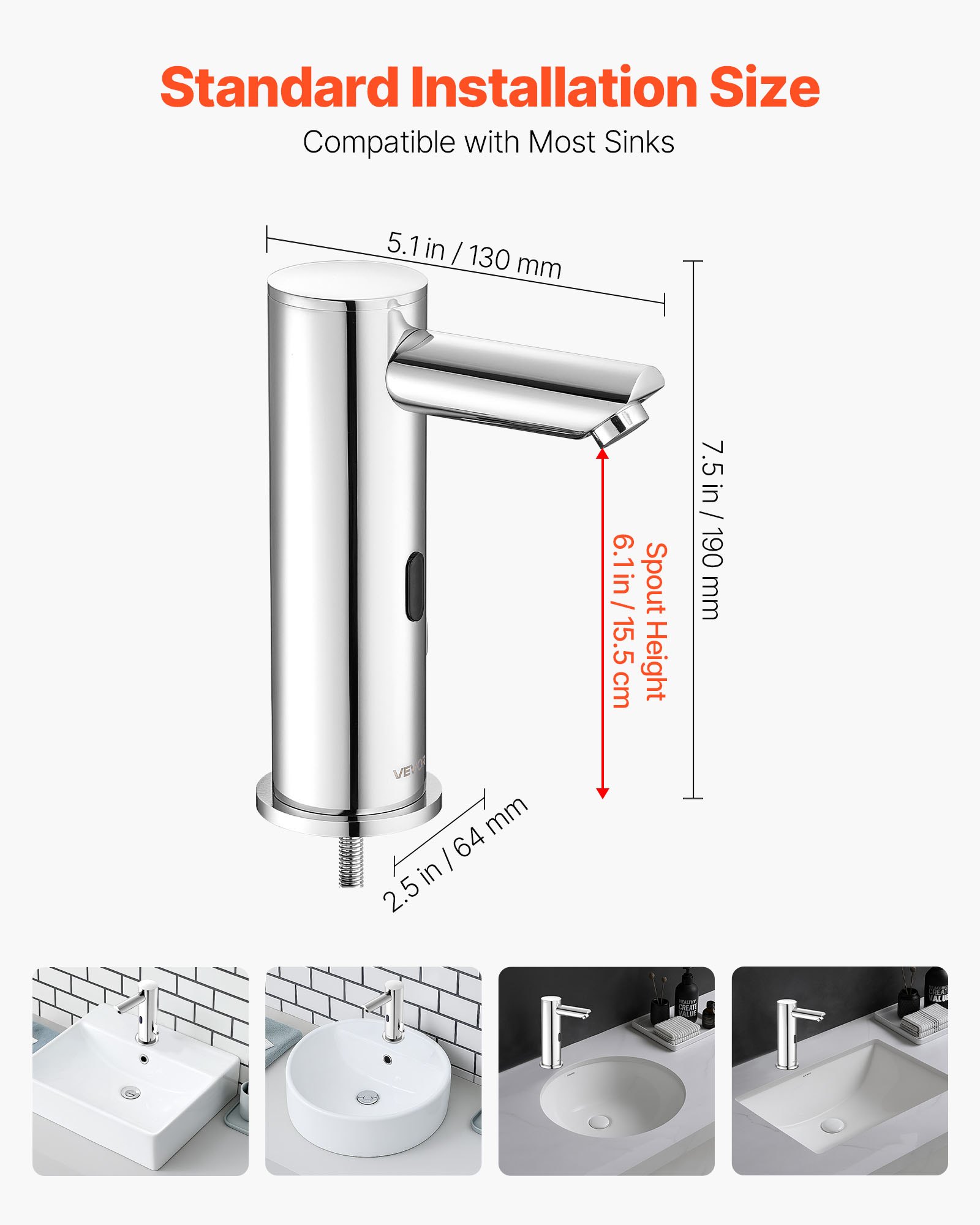 VEVOR Touchless Bathroom Sink Faucet, Automatic Motion Sensor Restroom Toilet Faucet, Hands Free Adjustable Cold Hot Single Handle Water Mixer Battery Operated for 9.5 mm Pipe,Brushed Nickel Silver