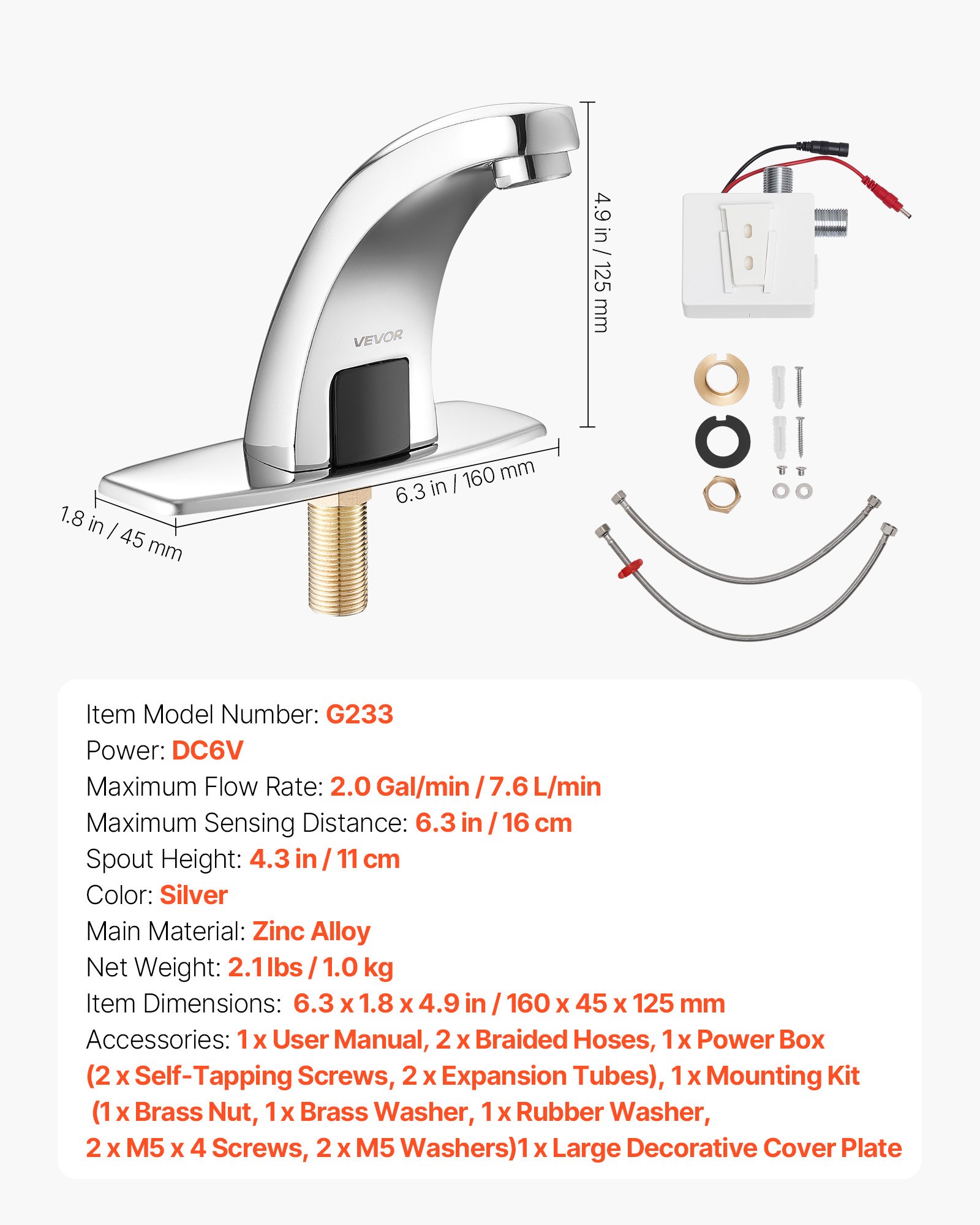 VEVOR Grifo de Lavabo sin Contacto, Grifo Automático para Baño de Solo Agua Fría, Aleación de Zinc, Diseño Delfín, con Tapa G233, Resistente a la Oxidación, 160 x 45 x 125 mm, Cromado Plateado
