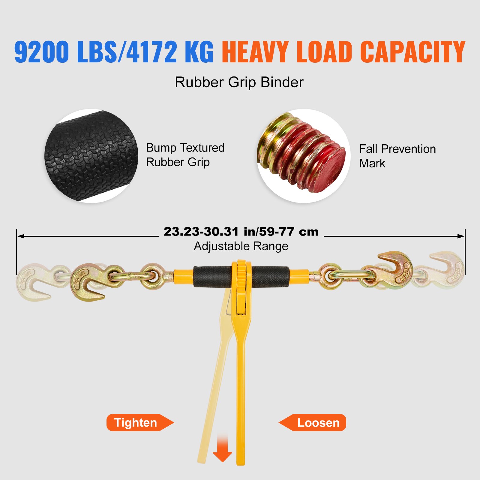 VEVOR Kit de Tensor de Cadena y Amarre 3/8" a 1/2" Tensor de Carga con Trinquete 10mm x 304,8cm Límite de Carga de Trabajo de 4172 kg con Ganchos de Agarre para Camión, Amarre, Transporte, Remolque