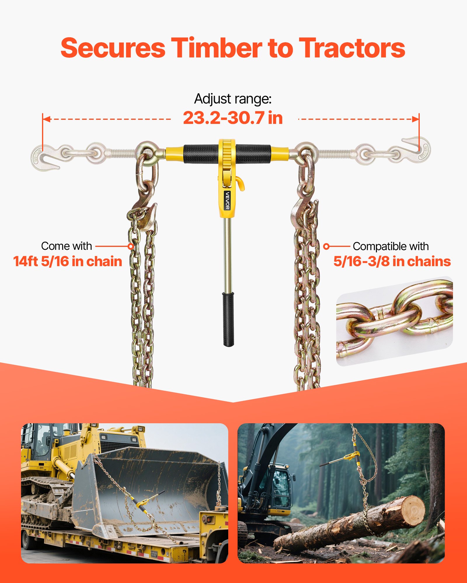 VEVOR Cadena Tensora con Trinquete, Juego de 2, Capacidad 3629 kg con Cadena 8 mm x 3,9 m Compatible 8 a 10 mm, Tensor de Cadena con Trinquete y Ganchos Ajustables para Amarre de Carga Camión Remolque