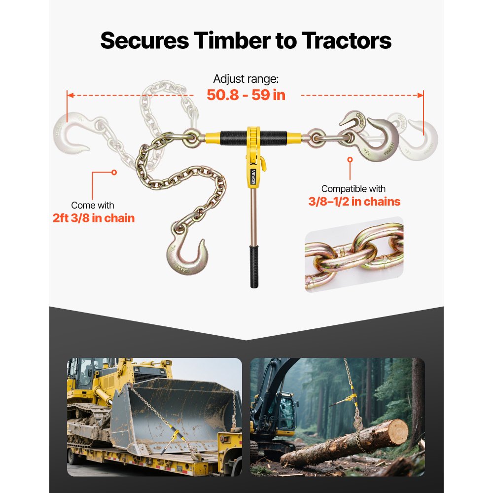 VEVOR Tensor de Trinquete con Cadenas G80 de 10 mm x 62 cm,  2 Piezas Tensores de Trinquete Compatible con Cadenas de 10-12,7 mm Carga de 4173 kg para Asegurar cargas, Remolques y Plataformas