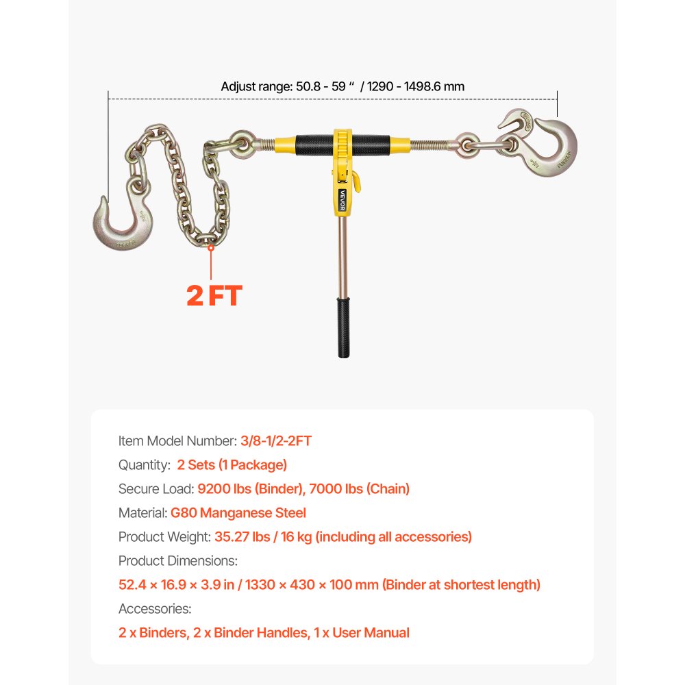 VEVOR Tensor de Trinquete con Cadenas G80 de 10 mm x 62 cm,  2 Piezas Tensores de Trinquete Compatible con Cadenas de 10-12,7 mm Carga de 4173 kg para Asegurar cargas, Remolques y Plataformas