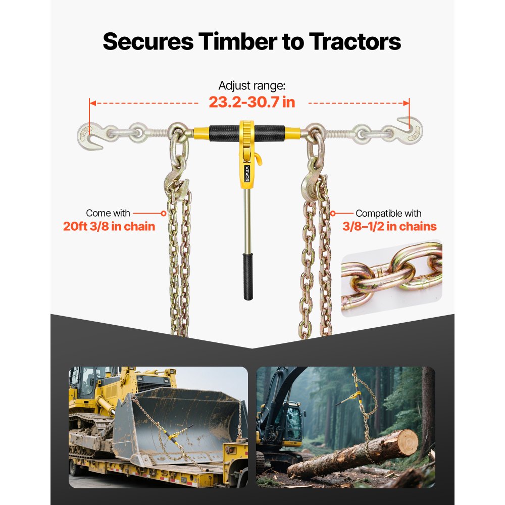 VEVOR Tensor de Trinquete con Cadenas G80 de 10 mm x 6,1 m, Kit de Cadenas y Tensores 4 Piezas Tensores de Cadena de Amarre Carga de Trabajo de 4173 kg para Transporte, Remolque, Rala y Elevación