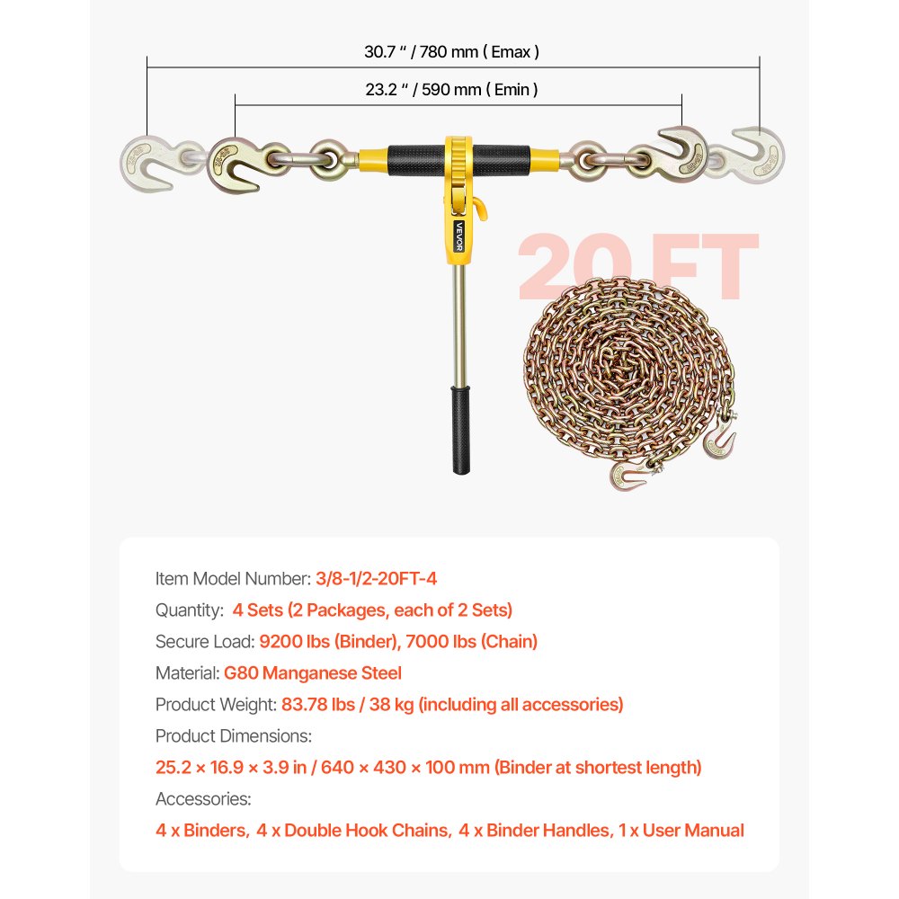 VEVOR Tensor de Trinquete con Cadenas G80 de 10 mm x 6,1 m, Kit de Cadenas y Tensores 4 Piezas Tensores de Cadena de Amarre Carga de Trabajo de 4173 kg para Transporte, Remolque, Rala y Elevación