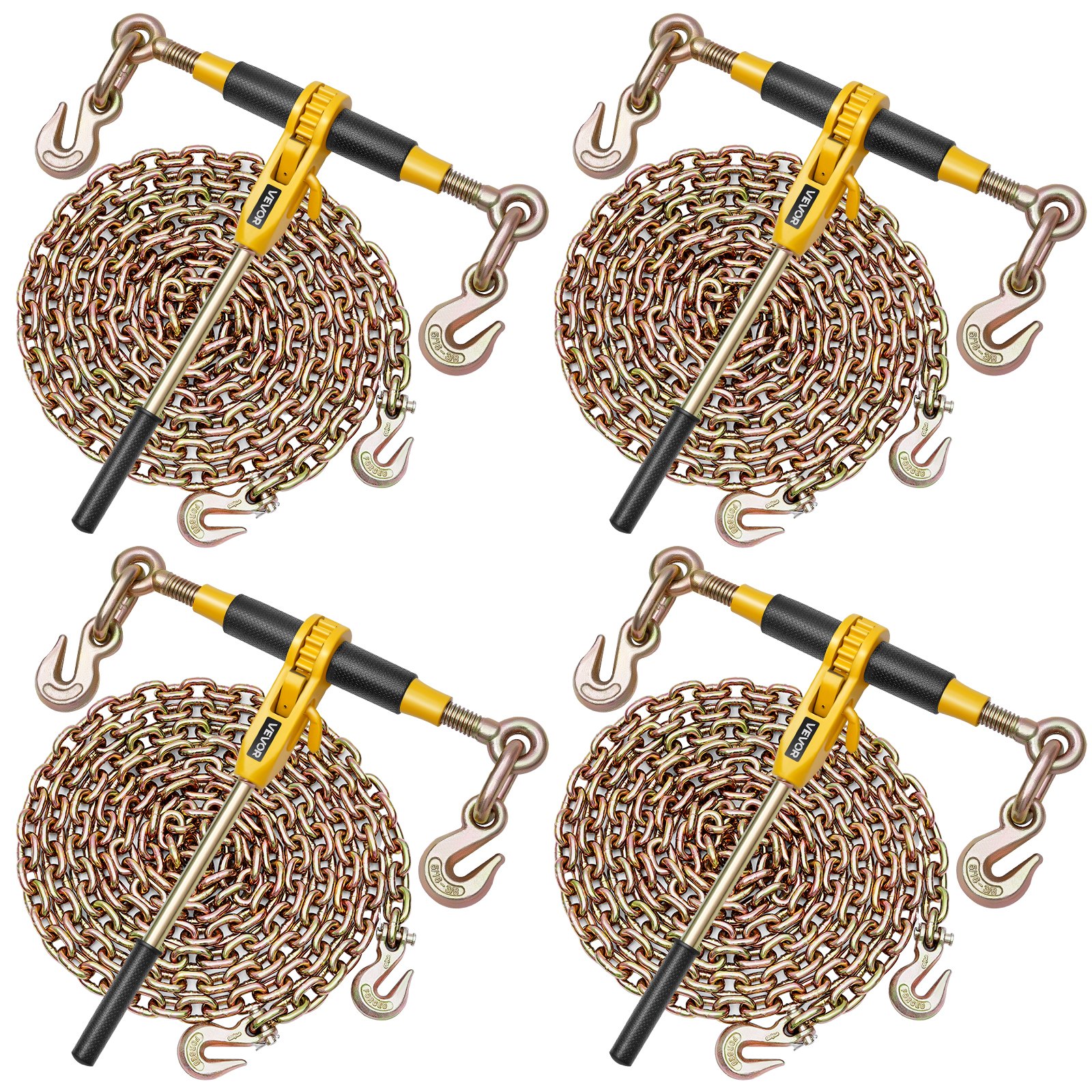 VEVOR Tensor de Trinquete con Cadenas G80 de 8 mm x 4,3 m, Kit de Cadenas y Tensores 4 Piezas Tensores de Cadena de Amarre Carga de Trabajo de 3629 kg para Transporte, Remolque, Rala y Elevación