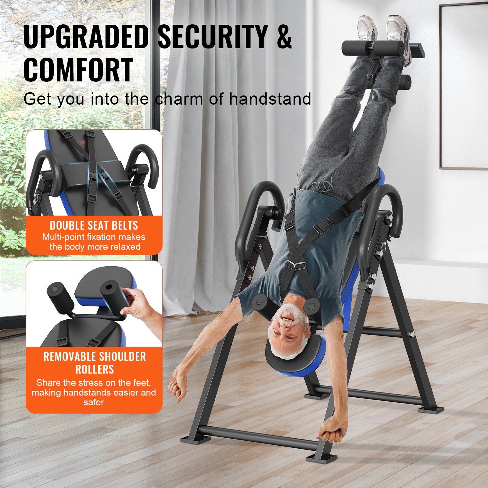 VEVOR Inversion Table/Bentary Gym, 136 kg Load Capacity, Multifunctional Device, Back Trainer, Foldable Strength Training Device with Headrest, Ankle Lock, Adjustable Safety Belt, Blue/Black