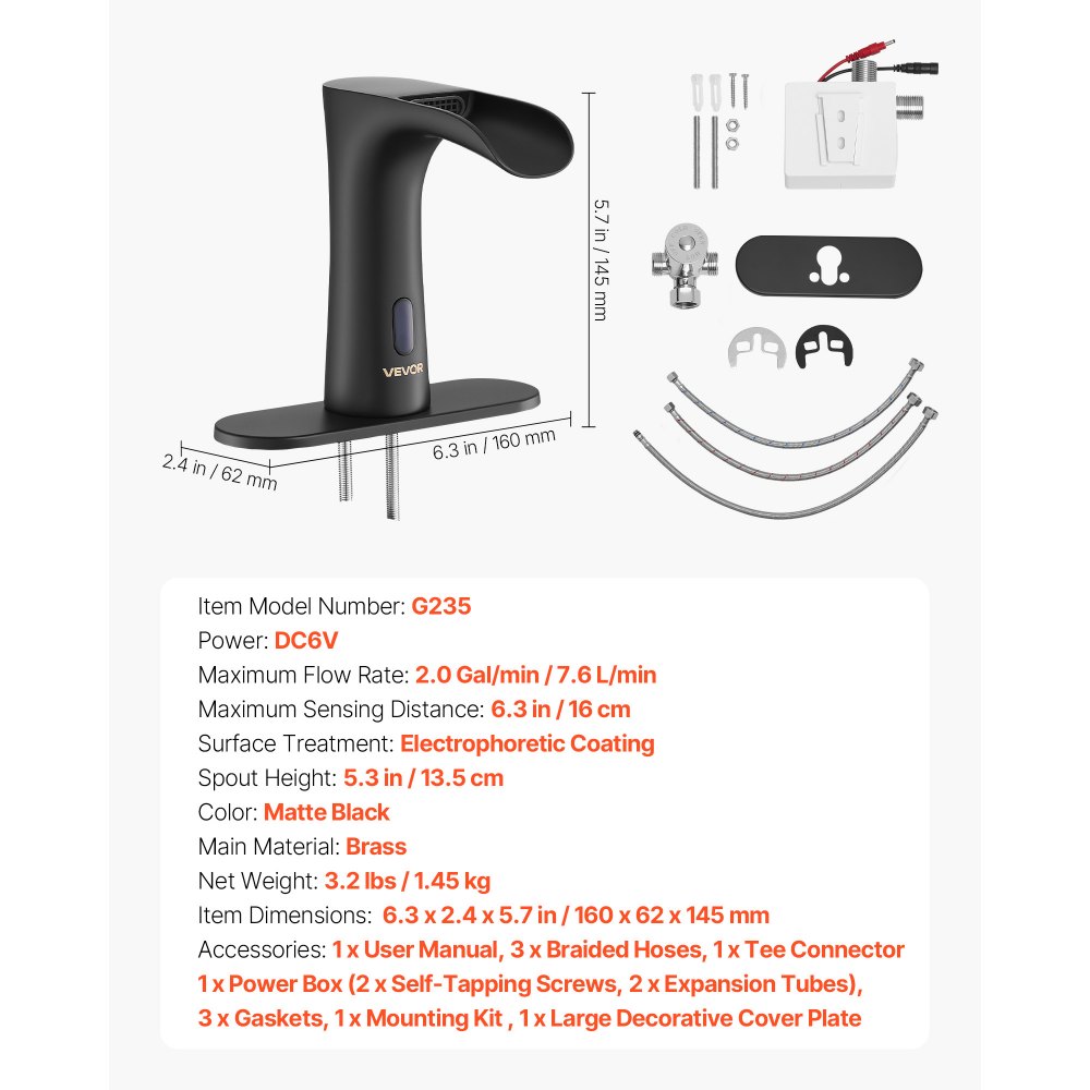 VEVOR Touchless Bathroom Sink Faucet, Automatic Motion Sensor Waterfall Restroom Toilet Faucet with Hole Cover Plate, Modern Electronic Sensor Hot/Cold Water for 9.5 mm Pipe Commercial,Matte Black