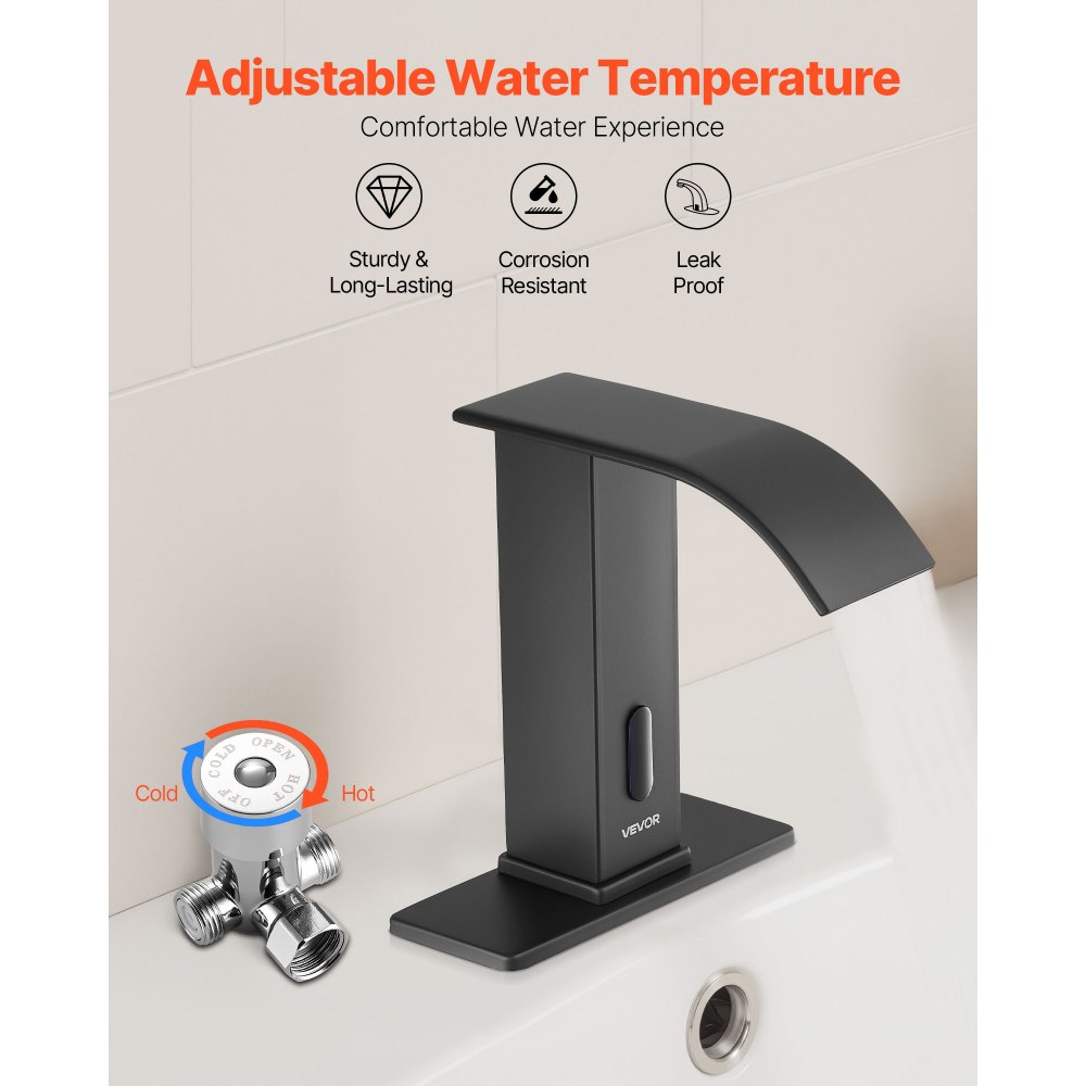 VEVOR Grifo de Lavabo sin Contacto para Baño, Acero Inoxidable, Grifo Automático con Tapa, a Pilas, Agua Fría y Caliente, con Sensor Infrarrojo, Cascada, Negro Mate, 7,6 L/min, 160 x 68 x 178 mm