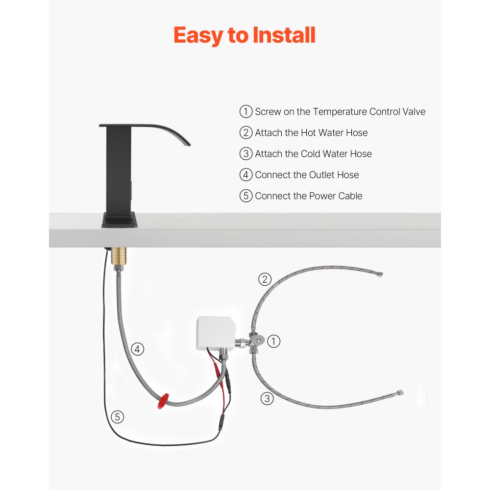 VEVOR Grifo de Lavabo sin Contacto para Baño, Acero Inoxidable, Grifo Automático con Tapa, a Pilas, Agua Fría y Caliente, con Sensor Infrarrojo, Cascada, Negro Mate, 7,6 L/min, 160 x 68 x 178 mm