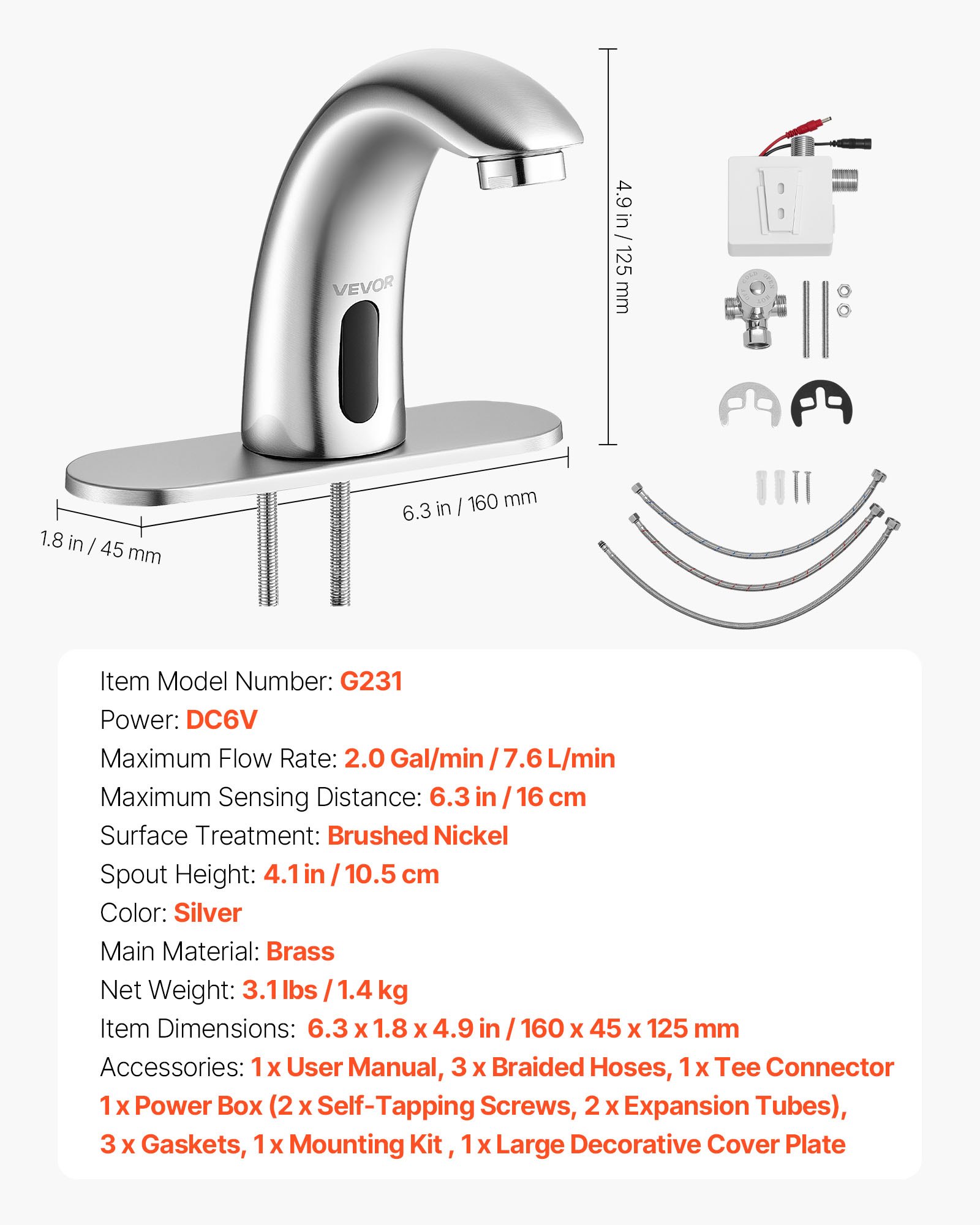 VEVOR Grifo de Lavabo Automático sin Contacto, con Sensor, Níquel Cepillado, Cuello de Cisne, Manos Libres, Grifo a Pilas con Temperatura Fría/Caliente Ajustable, 160 x 45 x 125 mm, 7,6 L/min