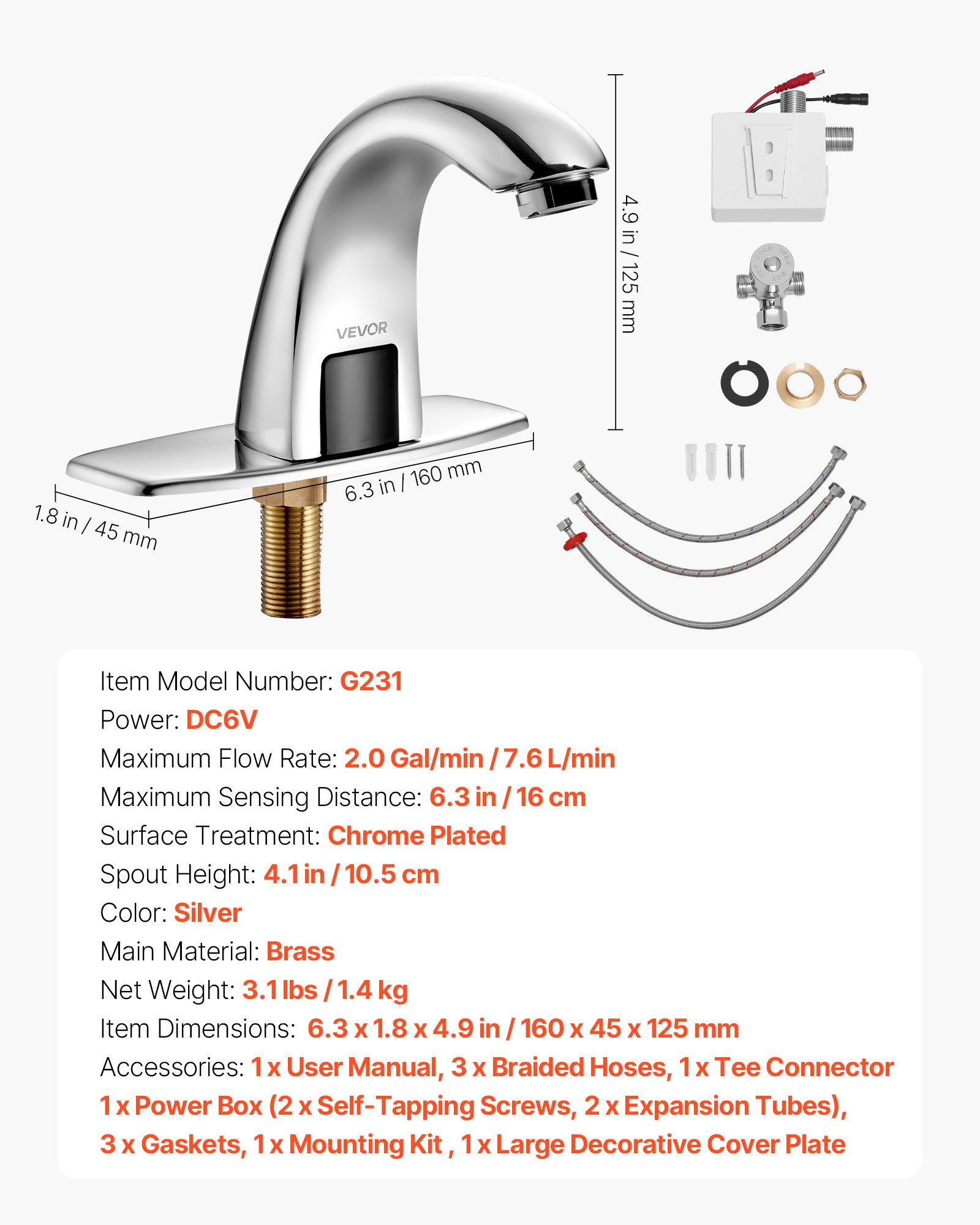 VEVOR Grifo de Lavabo Automático sin Contacto para Baño, Cuello de Cisne, Latón, Grifo a Pilas con Temperatura Ajustable y Sensor de Movimiento, Cromado Plateado, 160 x 45 x 125 mm, 7,6 L/min