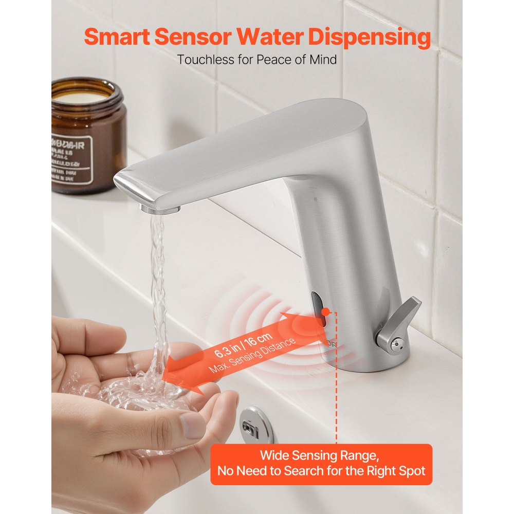 VEVOR Grifo de Lavabo Cuadrado sin Contacto, en Forma L, Automático, Manos Libres, Ajustable, Monomando, Funciona con Pilas, Latón, Níquel Cepillado, Resistente a la Oxidación, 160 x 54 x 165 mm