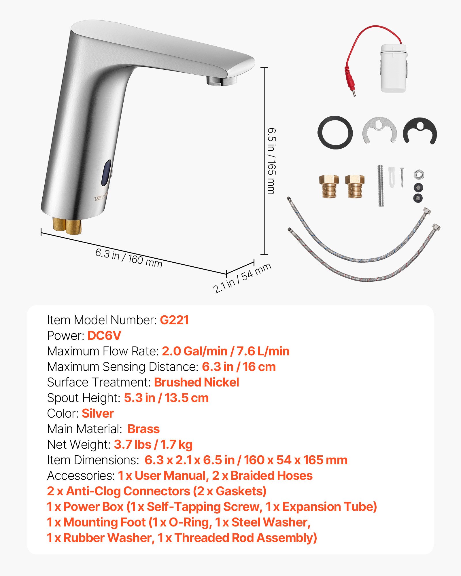 VEVOR Grifo de Lavabo Cuadrado sin Contacto, en Forma L, Automático, Manos Libres, Ajustable, Monomando, Funciona con Pilas, Latón, Níquel Cepillado, Resistente a la Oxidación, 160 x 54 x 165 mm