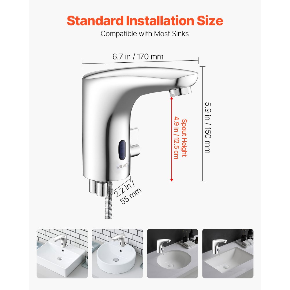 VEVOR Grifo de Lavabo Automático sin Contacto a Baño, Mezclador Monomando Ajustable con Manos Libres, Funciona con Pilas, con Sensor, Cromado Plateado, Redondo, en Forma de L, 170 x 55 x 150 mm