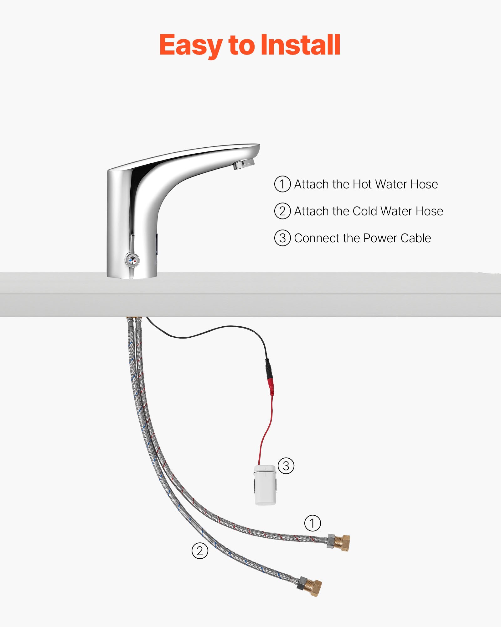 VEVOR Grifo de Lavabo Automático sin Contacto a Baño, Mezclador Monomando Ajustable con Manos Libres, Funciona con Pilas, con Sensor, Cromado Plateado, Redondo, en Forma de L, 170 x 55 x 150 mm