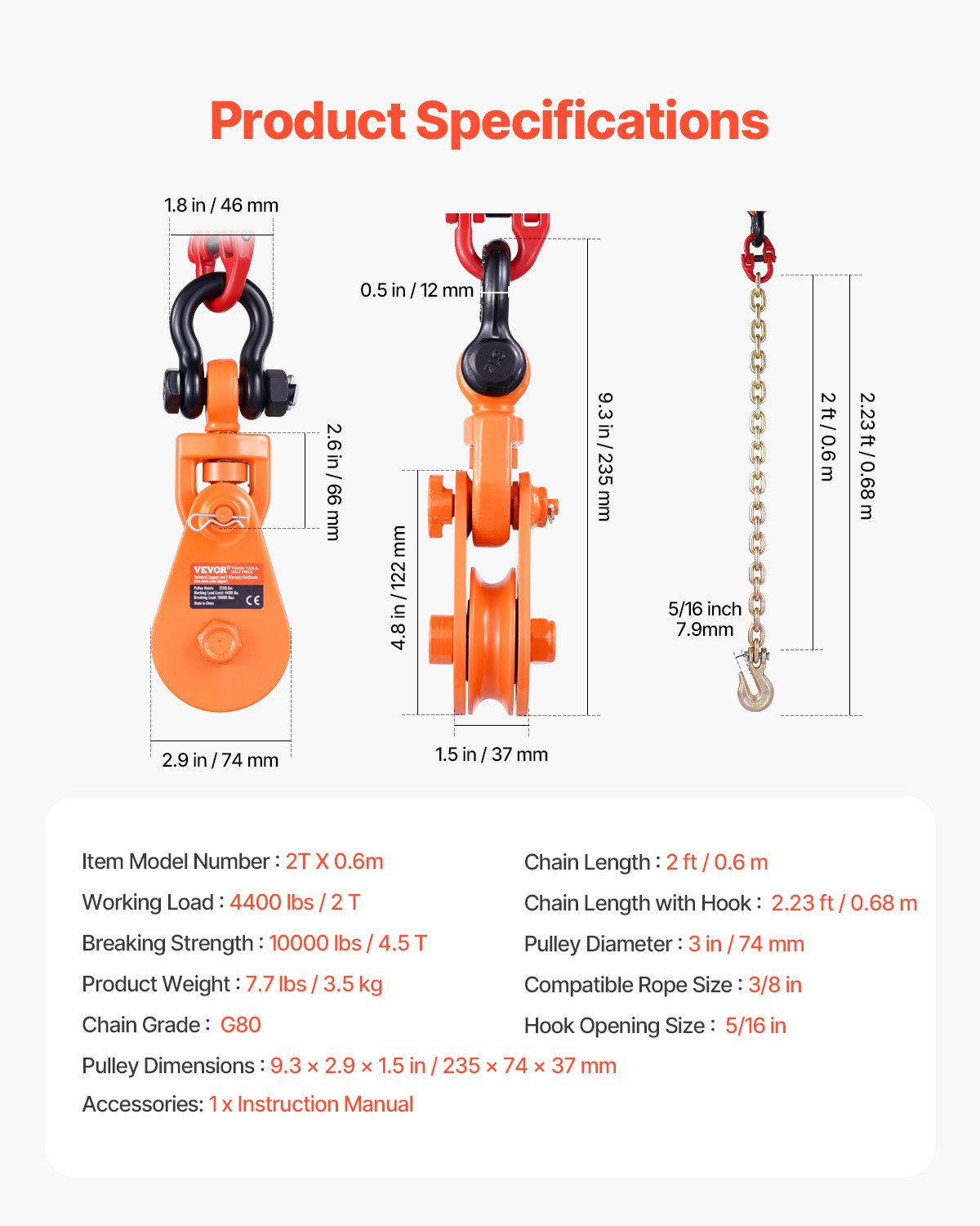 VEVOR 2-ton pulley with G80 chain, swivel shackle, 74 mm sheave for 3/8-inch wire rope, forestry winch for towing and recovery applications on flatbed trucks, rollback tow trucks