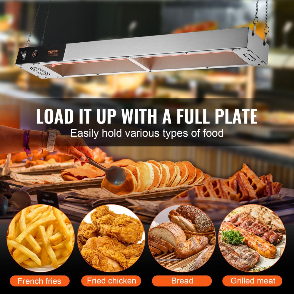 VEVOR Calentador de Bandeja de Patatas Fritas de Acero Inoxidable Lámpara de Calentador de Alimentos con Tira Comercial 850 W Estación Dispensadora de Luz de Calor Eléctrica para Buffet, Restaurante