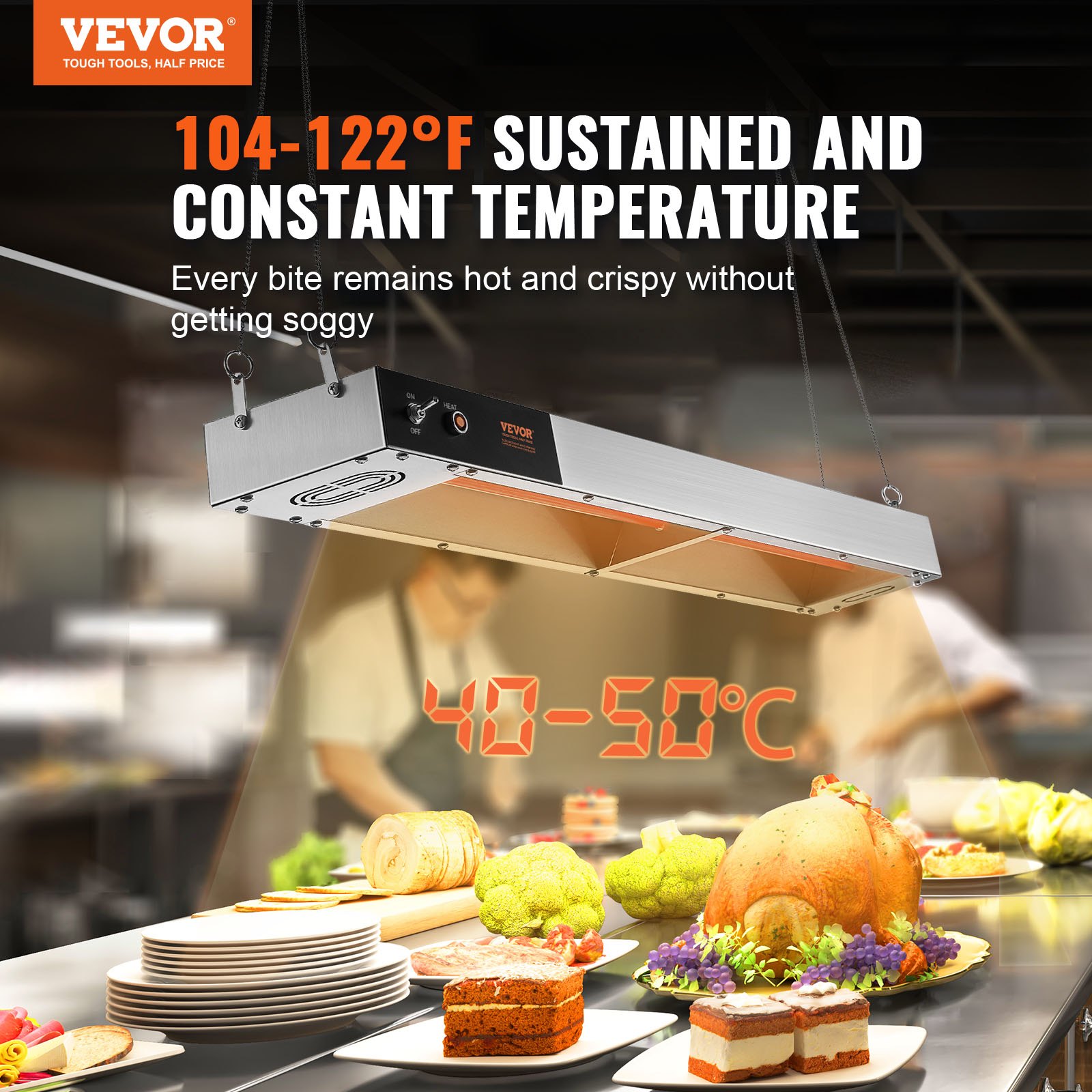 VEVOR Calentador de Bandeja de Patatas Fritas de Acero Inoxidable Lámpara de Calentador de Alimentos con Tira Comercial 850 W Estación Dispensadora de Luz de Calor Eléctrica para Buffet, Restaurante