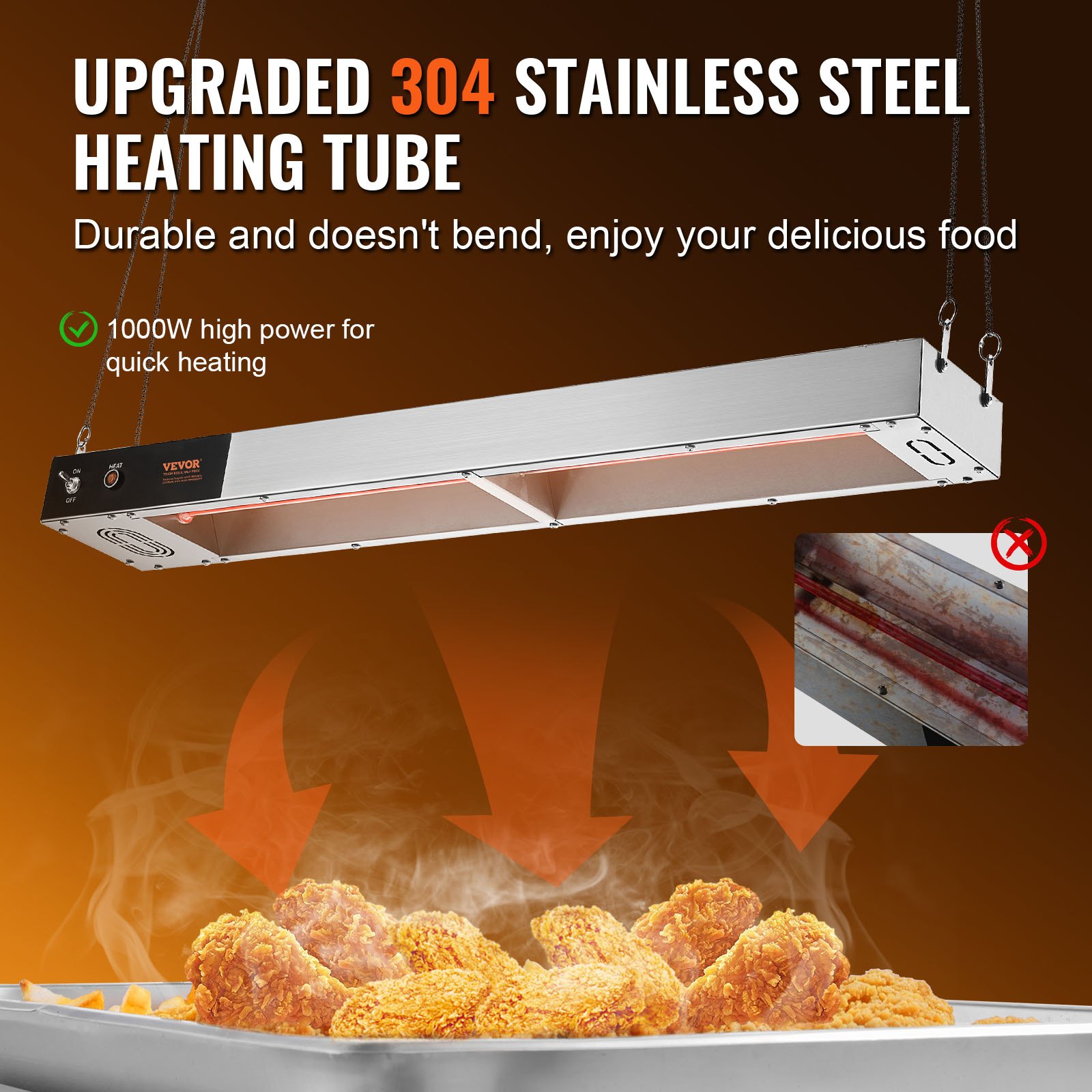VEVOR Calentador de Bandeja de Patatas Fritas de Acero Inoxidable Lámpara de Calentador de Alimentos con Tira Comercial 850 W Estación Dispensadora de Luz de Calor Eléctrica para Buffet, Restaurante