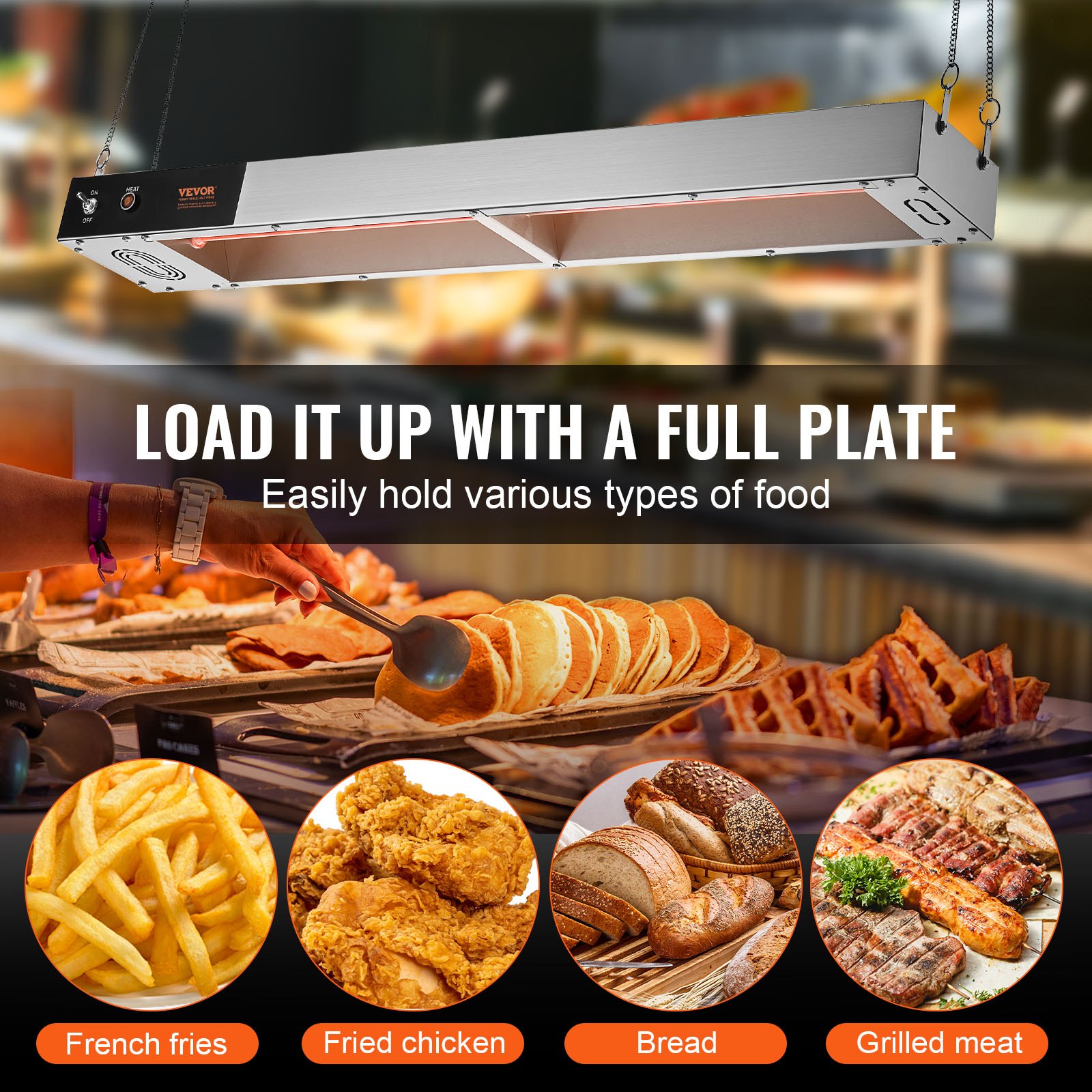 VEVOR Calentador de Bandeja de Patatas Fritas de Acero Inoxidable Lámpara de Calentador de Alimentos con Tira Comercial 850 W Estación Dispensadora de Luz de Calor Eléctrica para Buffet, Restaurante