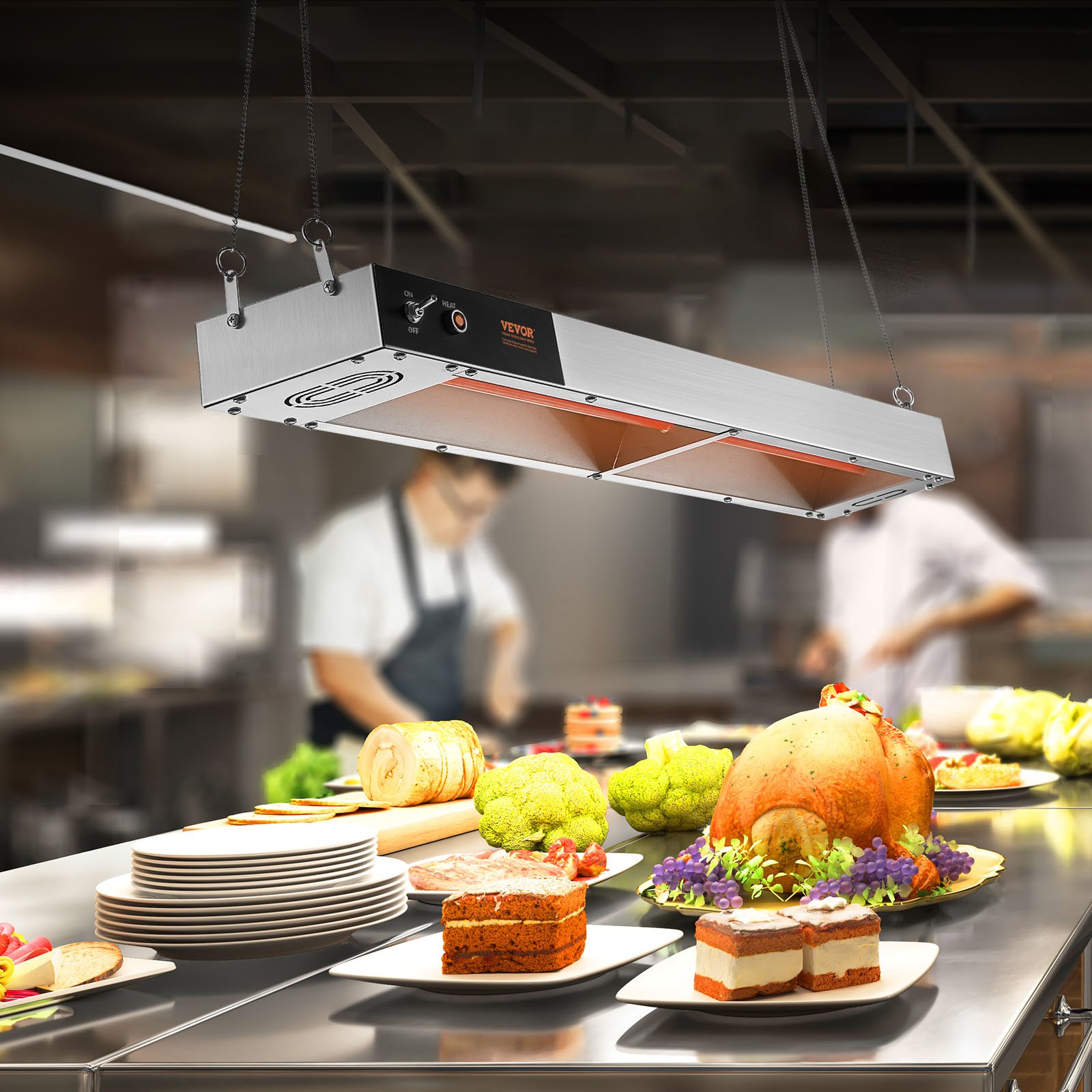 VEVOR Calentador de Bandeja de Patatas Fritas de Acero Inoxidable Lámpara de Calentador de Alimentos con Tira Comercial 850 W Estación Dispensadora de Luz de Calor Eléctrica para Buffet, Restaurante